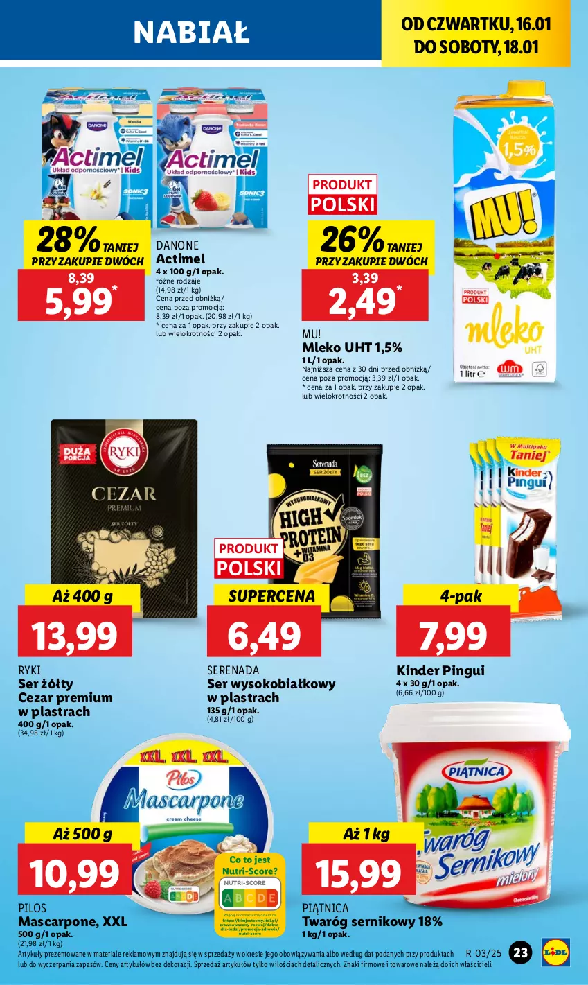 Gazetka promocyjna Lidl - GAZETKA - ważna 16.01 do 18.01.2025 - strona 25 - produkty: Actimel, Danone, Kinder, Mascarpone, Mleko, Piątnica, Pilos, Ser, Sok, Twaróg