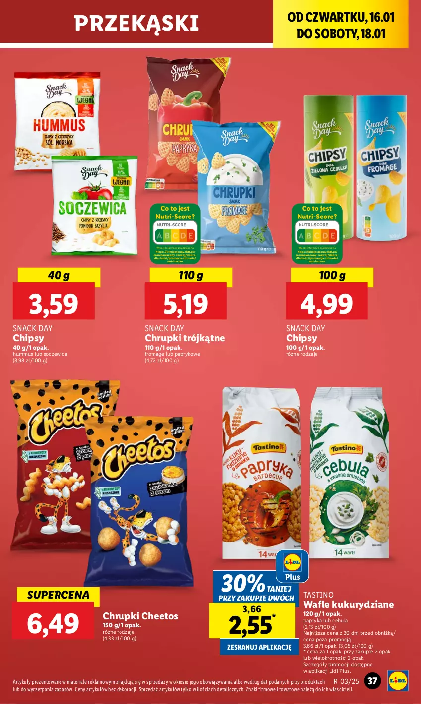 Gazetka promocyjna Lidl - GAZETKA - ważna 16.01 do 18.01.2025 - strona 37 - produkty: Cebula, Cheetos, Chipsy, Chrupki, Hummus, Mus, Papryka, Wafle