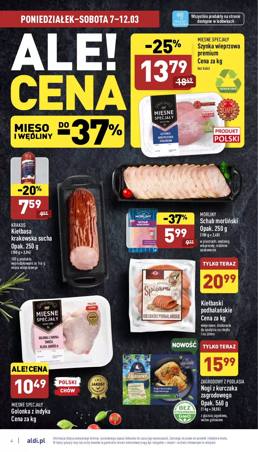 Gazetka promocyjna Aldi - Pełny katalog - ważna 07.03 do 12.03.2022 - strona 4 - produkty: Golonka z indyka, Kiełbasa, Kiełbasa krakowska, Krakus, Kurczak, Lazur, Lodówka, Mięsne specjały, Mięso, Morliny, Szynka, Szynka wieprzowa, Tera