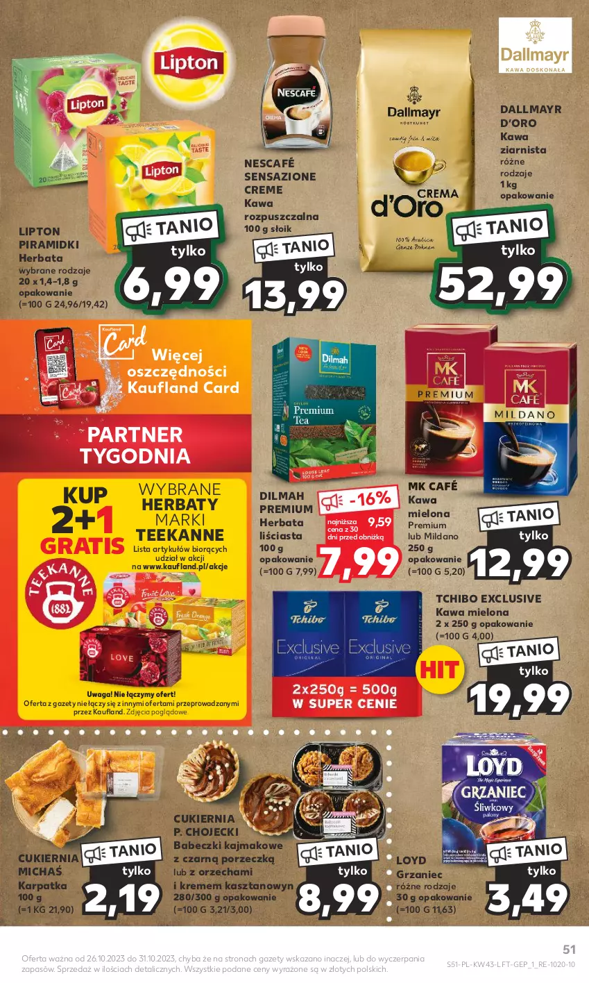 Gazetka promocyjna Kaufland - Gazetka tygodnia - ważna 26.10 do 31.10.2023 - strona 51 - produkty: Babeczki, Cukier, Dallmayr, Dilmah, Gra, Herbata, Karp, Kawa, Kawa mielona, Kawa rozpuszczalna, Kawa ziarnista, Lipton, Loyd, Nescafé, Por, Tchibo, Teekanne, Waga