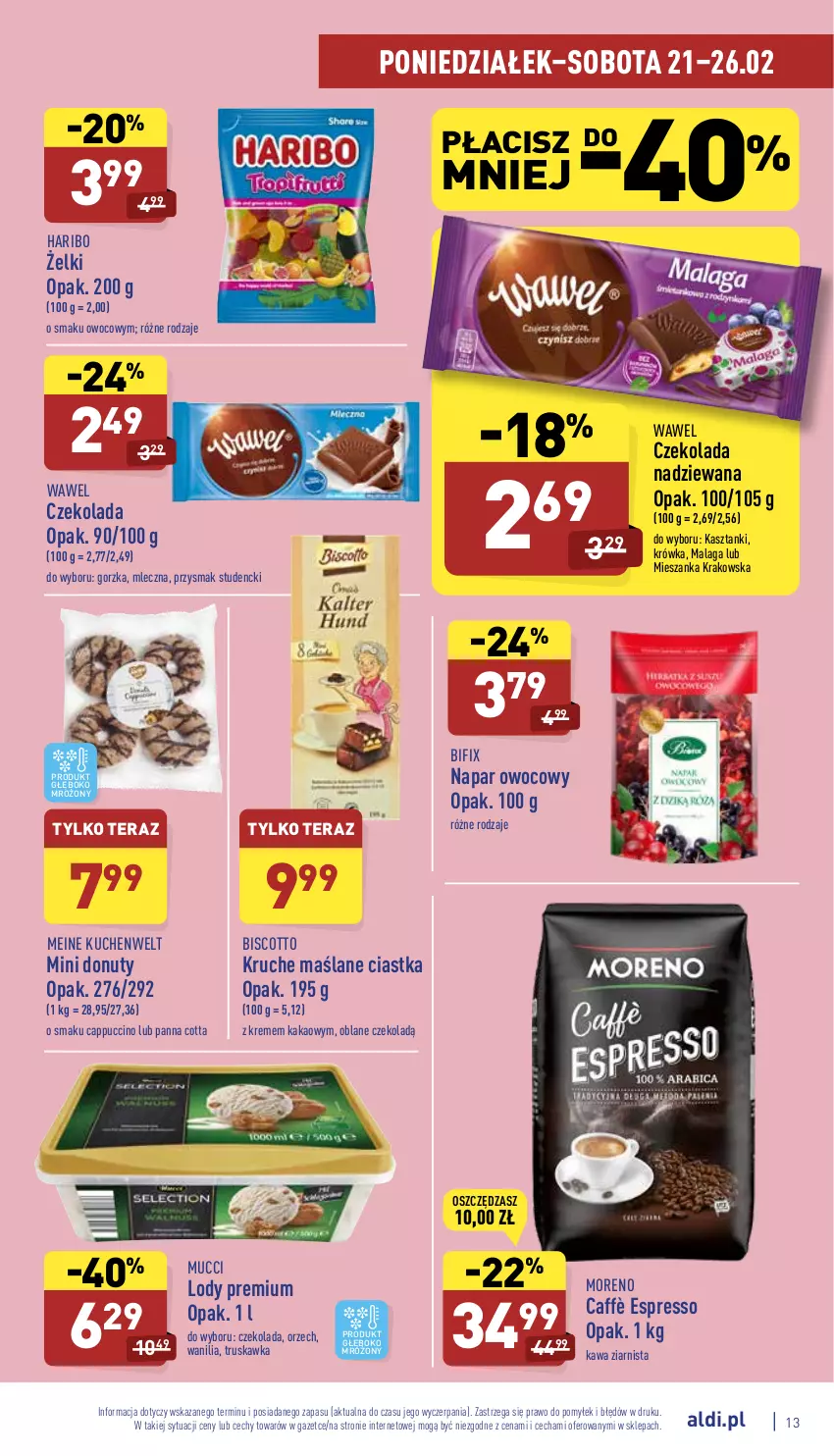 Gazetka promocyjna Aldi - Katalog spożywczy - ważna 21.02 do 26.02.2022 - strona 13 - produkty: Cappuccino, Ciastka, Czekolada, Czekolada nadziewana, Donut, Haribo, Kakao, Kawa, Kawa ziarnista, Lody, Nuty, Panna cotta, Tera, Wawel