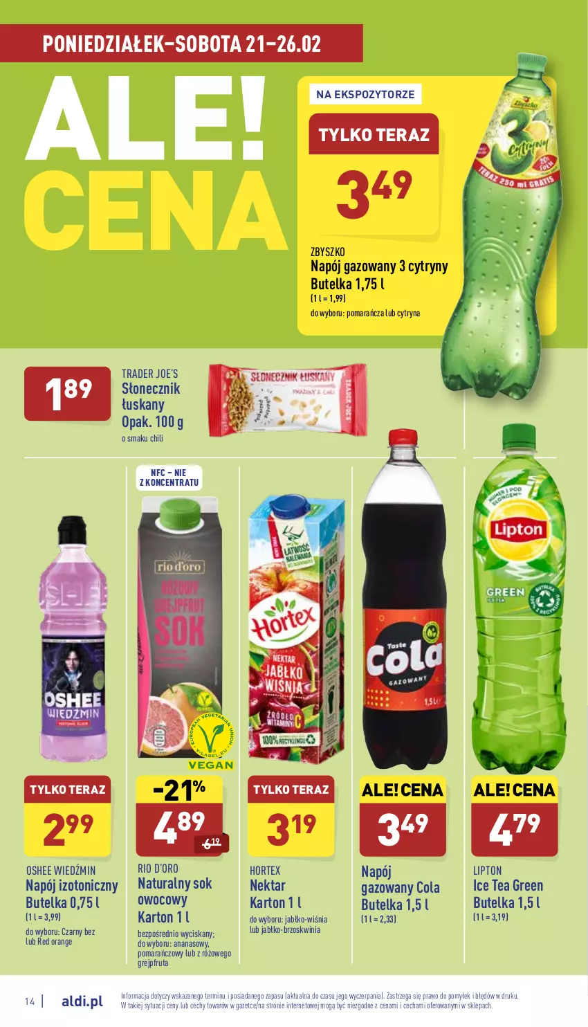 Gazetka promocyjna Aldi - Katalog spożywczy - ważna 21.02 do 26.02.2022 - strona 14 - produkty: Ananas, Cytryny, Grejpfrut, Hortex, Ice tea, Lipton, Napój, Napój gazowany, Napój izotoniczny, Nektar, Oshee, Sok, Tera