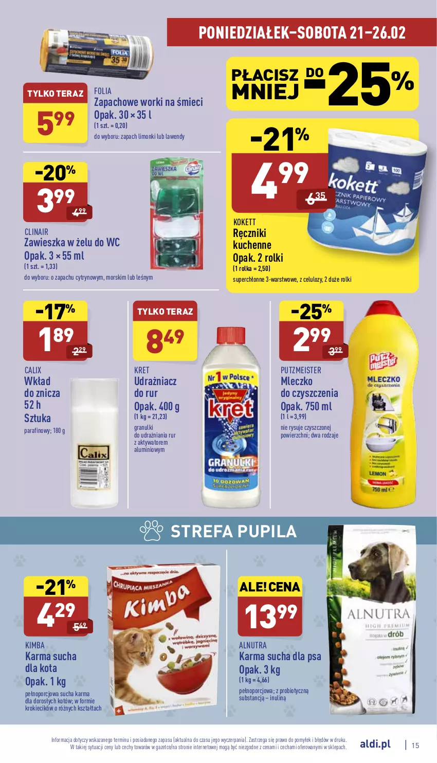 Gazetka promocyjna Aldi - Katalog spożywczy - ważna 21.02 do 26.02.2022 - strona 15 - produkty: Clin, Fa, Gra, Kret, Mleczko, Por, Putzmeister, Ręcznik, Rolki, Sucha karma, Tera, Worki na śmiec, Worki na śmieci, Znicz