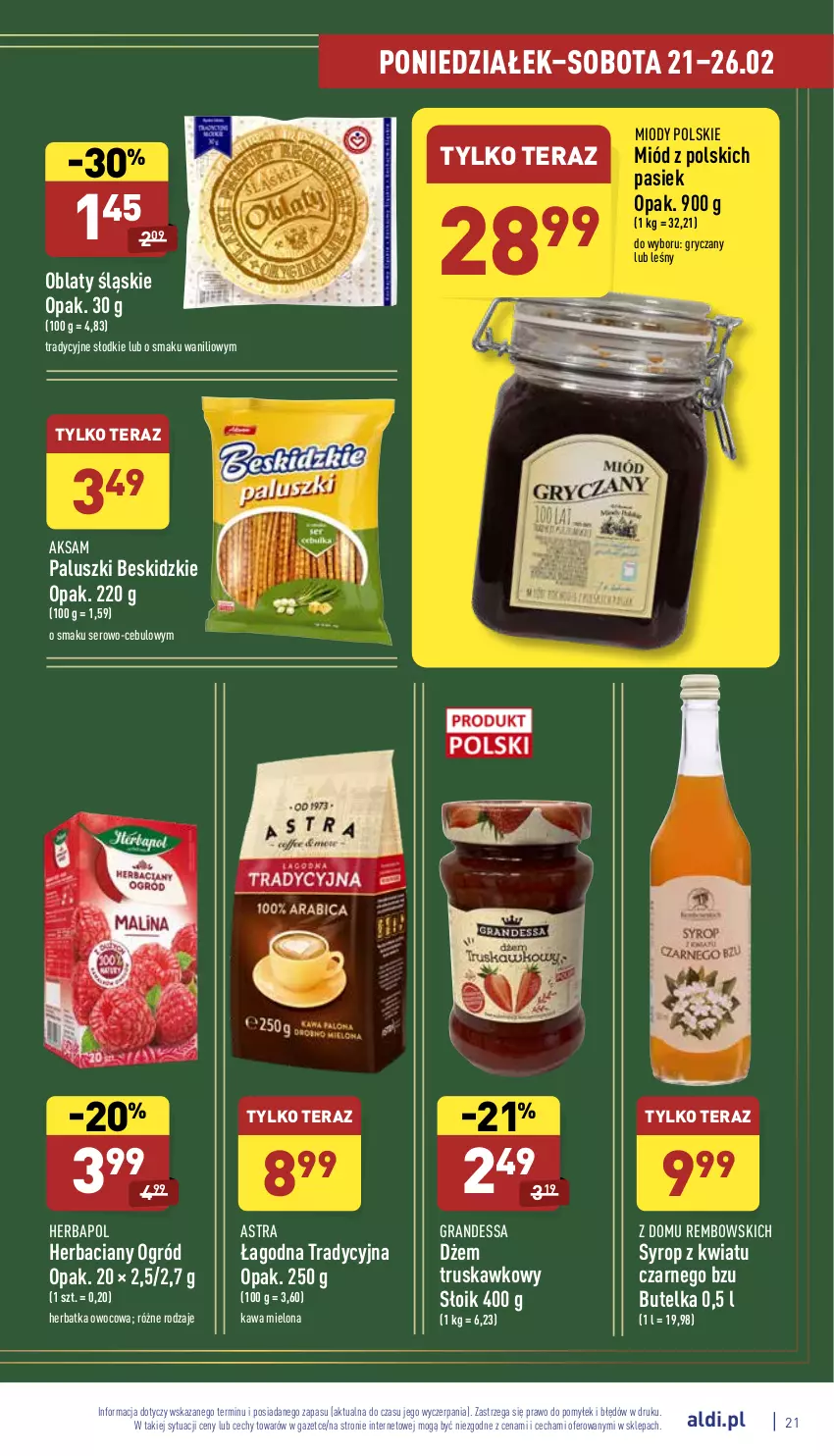 Gazetka promocyjna Aldi - Katalog spożywczy - ważna 21.02 do 26.02.2022 - strona 21 - produkty: Aksam, Beskidzki, Dżem, Gra, Gry, Herbapol, Kawa, Kawa mielona, Miód, Ogród, Ser, Syrop, Tera