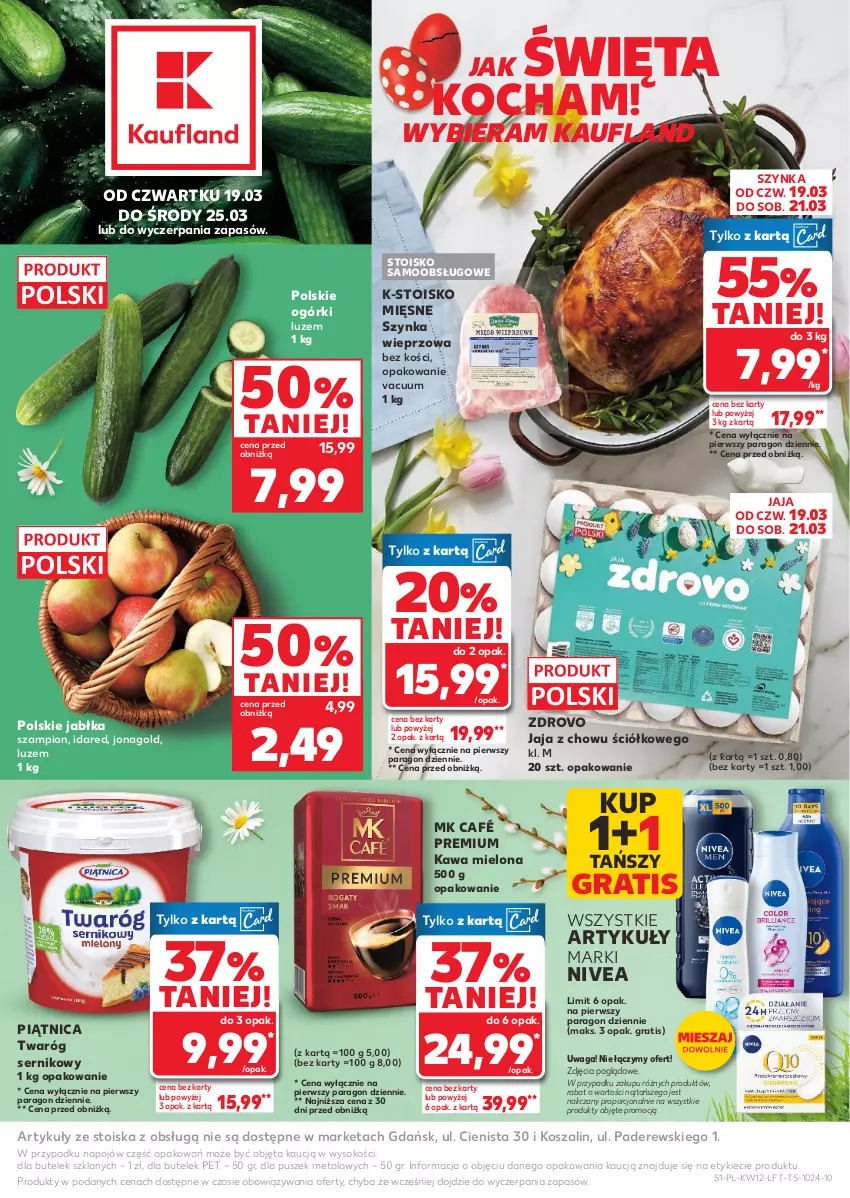 Gazetka promocyjna Kaufland - Gazetka tygodnia - ważna 19.03 do 25.03.2026 - strona 1 - produkty: Gra, Jabłka, Jaja, Jonagold, Kawa, Kawa mielona, Koc, Kosz, Nivea, Piątnica, Por, Ser, Sok, Szal, Szampion, Szynka, Szynka wieprzowa, Twaróg, Waga