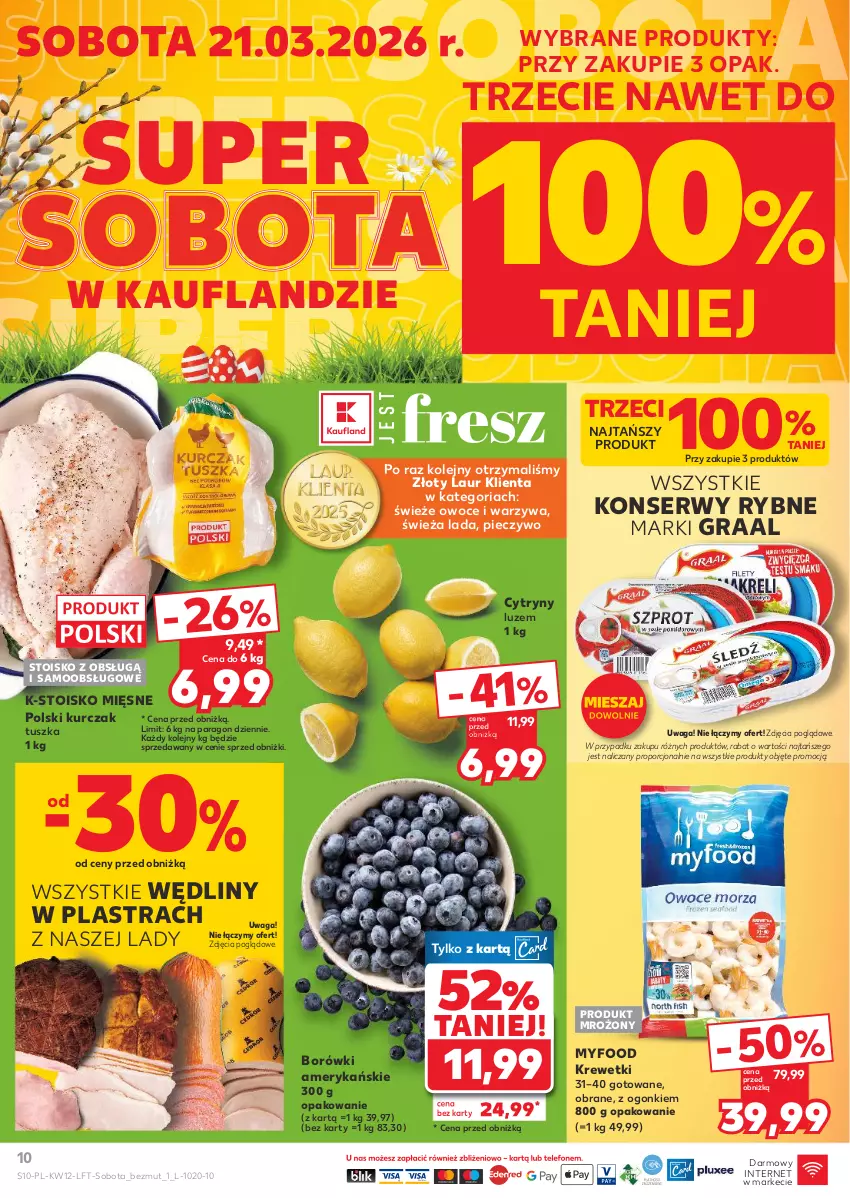 Gazetka promocyjna Kaufland - Gazetka tygodnia - ważna 19.03 do 25.03.2026 - strona 10 - produkty: Cytryny, Gra, Graal, Krewetki, Kurczak, Laur, Olej, Owoce, Piec, Pieczywo, Por, Ser, Tusz, Waga, Warzywa