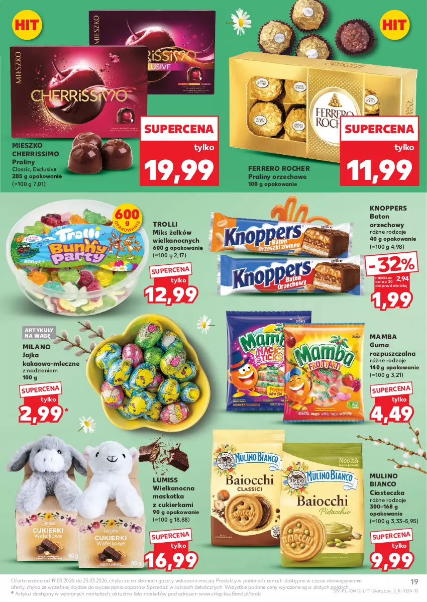 Gazetka promocyjna Kaufland - Gazetka tygodnia - ważna 19.03 do 25.03.2026 - strona 19 - produkty: Baton, Cukier, Dres, Ferrero, Ferrero Rocher, Guma rozpuszczalna, Kakao, Knoppers, Lody, Mamba, Praliny
