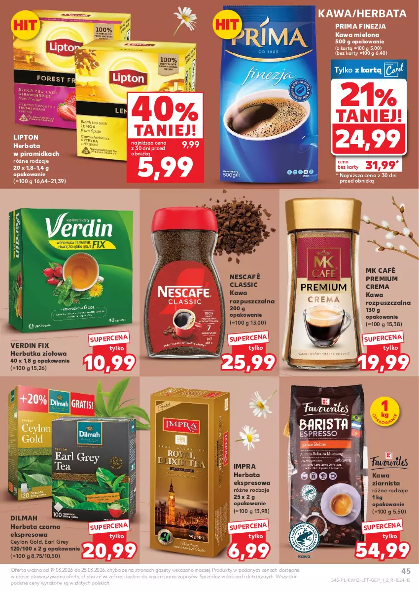Gazetka promocyjna Kaufland - Gazetka tygodnia - ważna 19.03 do 25.03.2026 - strona 45 - produkty: Dilmah, Earl Grey, Herbata, Herbata czarna, Kawa, Kawa mielona, Kawa rozpuszczalna, Kawa ziarnista, Lipton, Nescafé, Prima