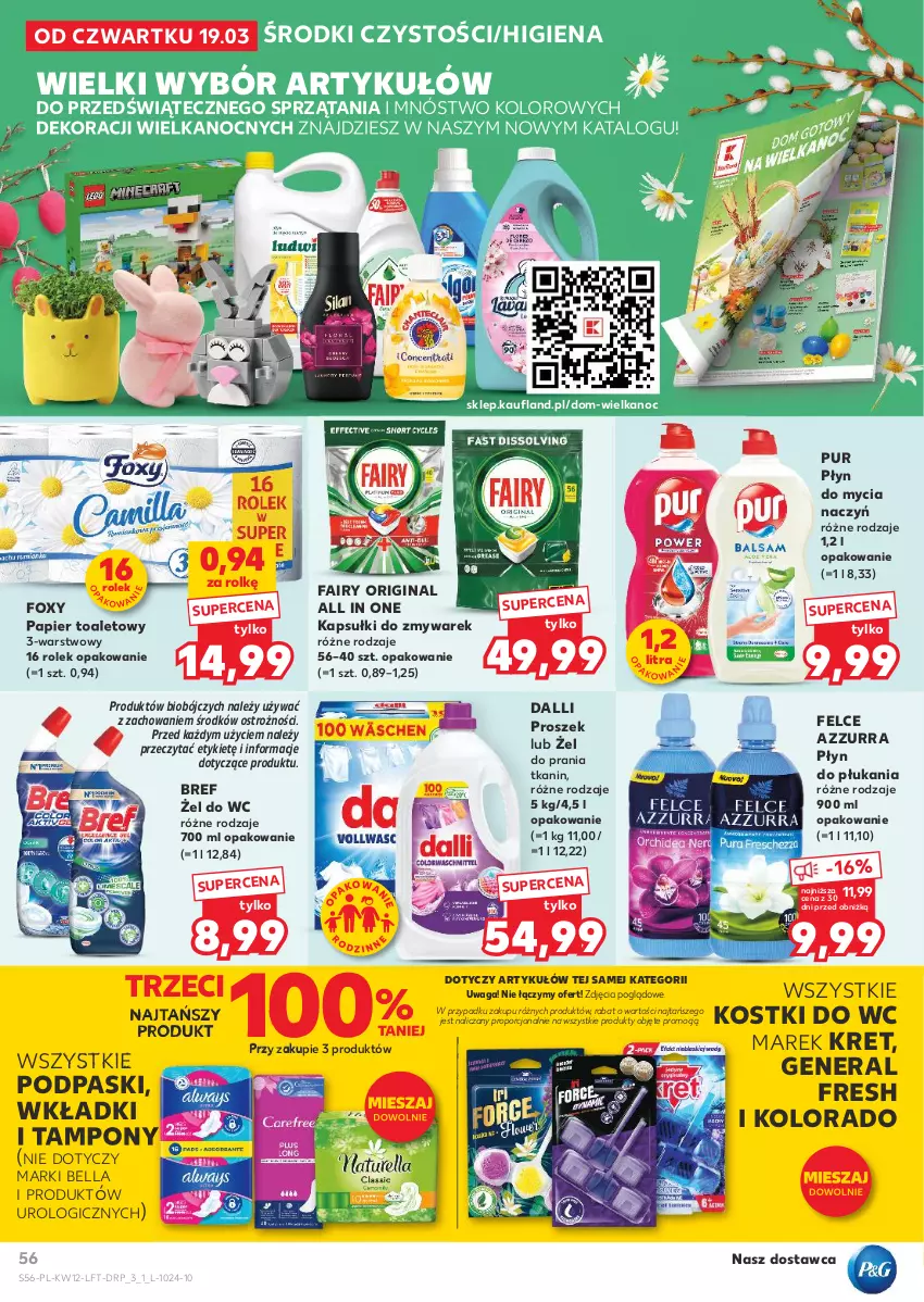 Gazetka promocyjna Kaufland - Gazetka tygodnia - ważna 19.03 do 25.03.2026 - strona 56 - produkty: Bell, Bella, Bref, Do mycia naczyń, Fa, Fairy, Foxy, Gin, Kolorado, Kret, Papier, Papier toaletowy, Płyn do mycia, Płyn do mycia naczyń, Płyn do płukania, Podpaski, Por, Pur, Tampony, Waga, Wkładki