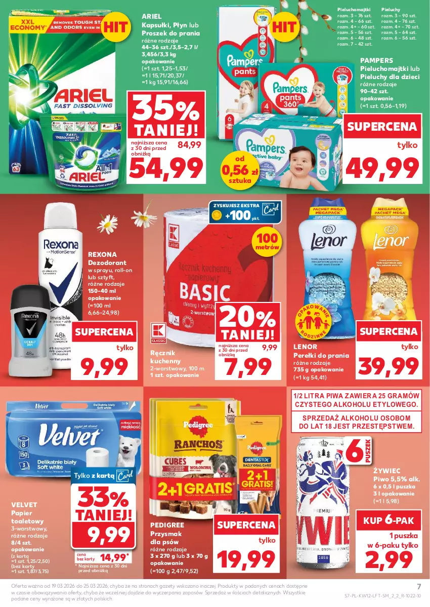 Gazetka promocyjna Kaufland - Gazetka tygodnia - ważna 19.03 do 25.03.2026 - strona 7 - produkty: Ariel, Dezodorant, Dzieci, Gra, Lenor, Majtki, Pampers, Papier, Papier toaletowy, Pedigree, Pieluchomajtki, Pieluchy, Piwa, Piwo, Proszek do prania, Ręcznik, Ręcznik kuchenny, Rexona, Velvet