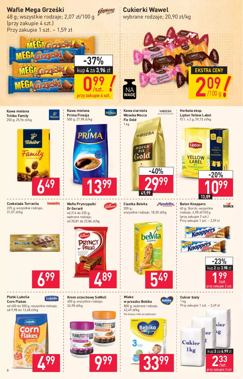 Gazetka promocyjna Stokrotka - Market - ważna 26.08 do 01.09.2021 - strona 8 - produkty: Baton, Bebiko, Bell, Bella, BelVita, Ciastka, Corn flakes, Cukier, Cukierki, Czekolada, Dr Gerard, Fa, Grześki, Herbata, Kawa, Kawa mielona, Kawa ziarnista, Knoppers, Krem orzechowy, Lipton, Lubella, Mleko, Mleko w proszku, Mocca Fix Gold, Prima, Tchibo, Tchibo Family, Wafle, Wawel, Woseba