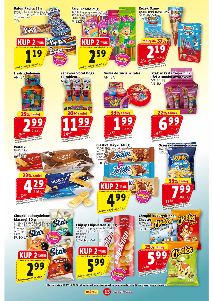 Gazetka promocyjna Prim Market - ważna 13.11 do 19.11.2025 - strona 13 - produkty: Baton, Cheetos, Chipsy, Chrupki, Ciastka, Guma do żucia, Jeżyki, Ketchup, Kokos, Lizaki, Lorenz, Papryka, Pizza, Zabawka
