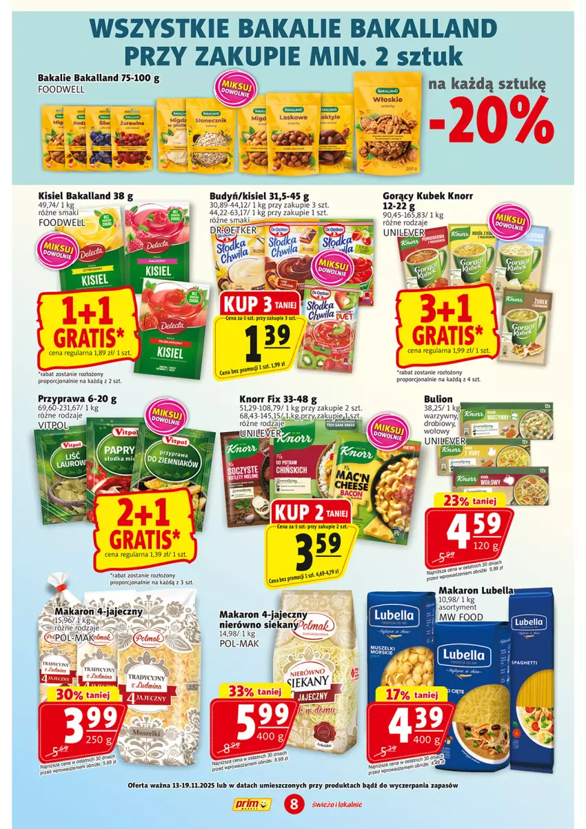 Gazetka promocyjna Prim Market - ważna 13.11 do 19.11.2025 - strona 8 - produkty: Bakalland, Bell, Bella, Budyń, Bulion, Fa, Kisiel, Knorr, Kubek, Lion, Lubella, Makaron, Mus, Por