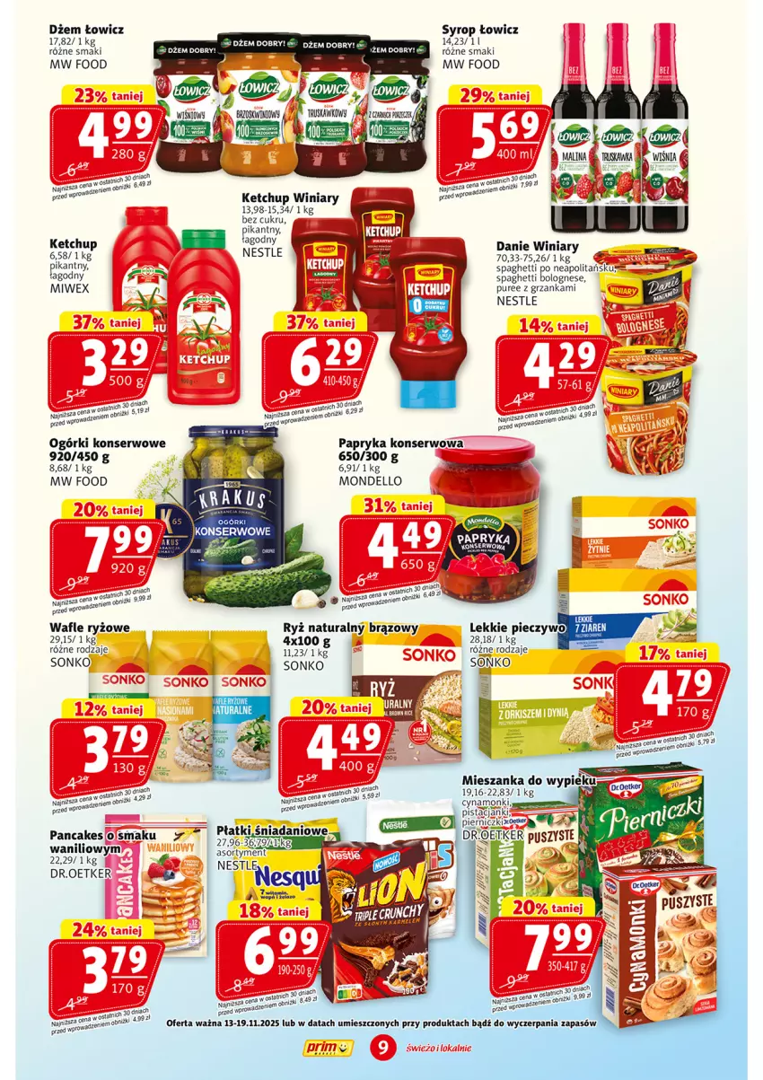 Gazetka promocyjna Prim Market - ważna 13.11 do 19.11.2025 - strona 9 - produkty: Dell, Dżem, Ketchup, Ogórki konserwowe, Papryka, Pur, Ryż, Ryż naturalny, Ser, Sonko, Spaghetti, Syrop, Wafle, Winiary