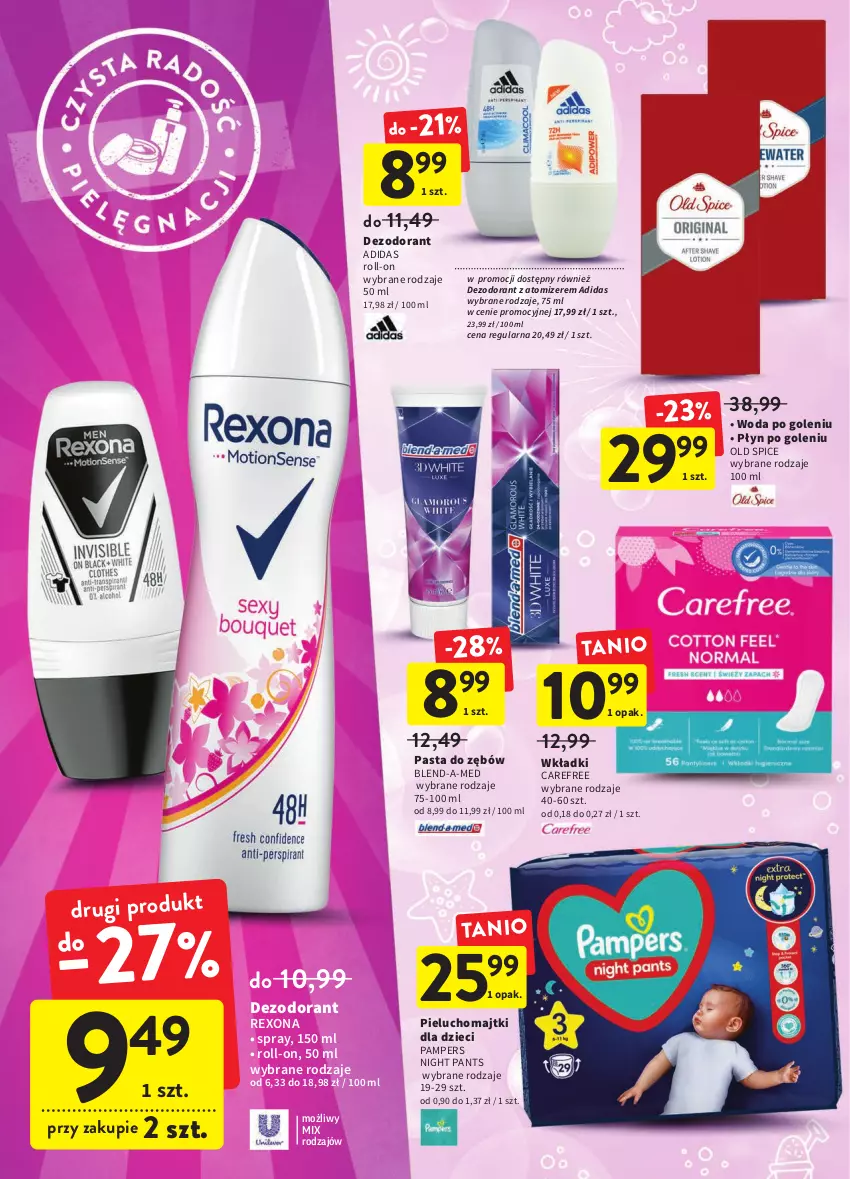 Gazetka promocyjna Intermarche - Okazjobranie - ważna 14.06 do 22.06.2022 - strona 32 - produkty: Adidas, Blend-a-Med, Carefree, Dezodorant, Dzieci, Majtki, Old Spice, Pampers, Pasta do zębów, Pieluchomajtki, Rexona, Wkładki, Woda, Woda po goleniu