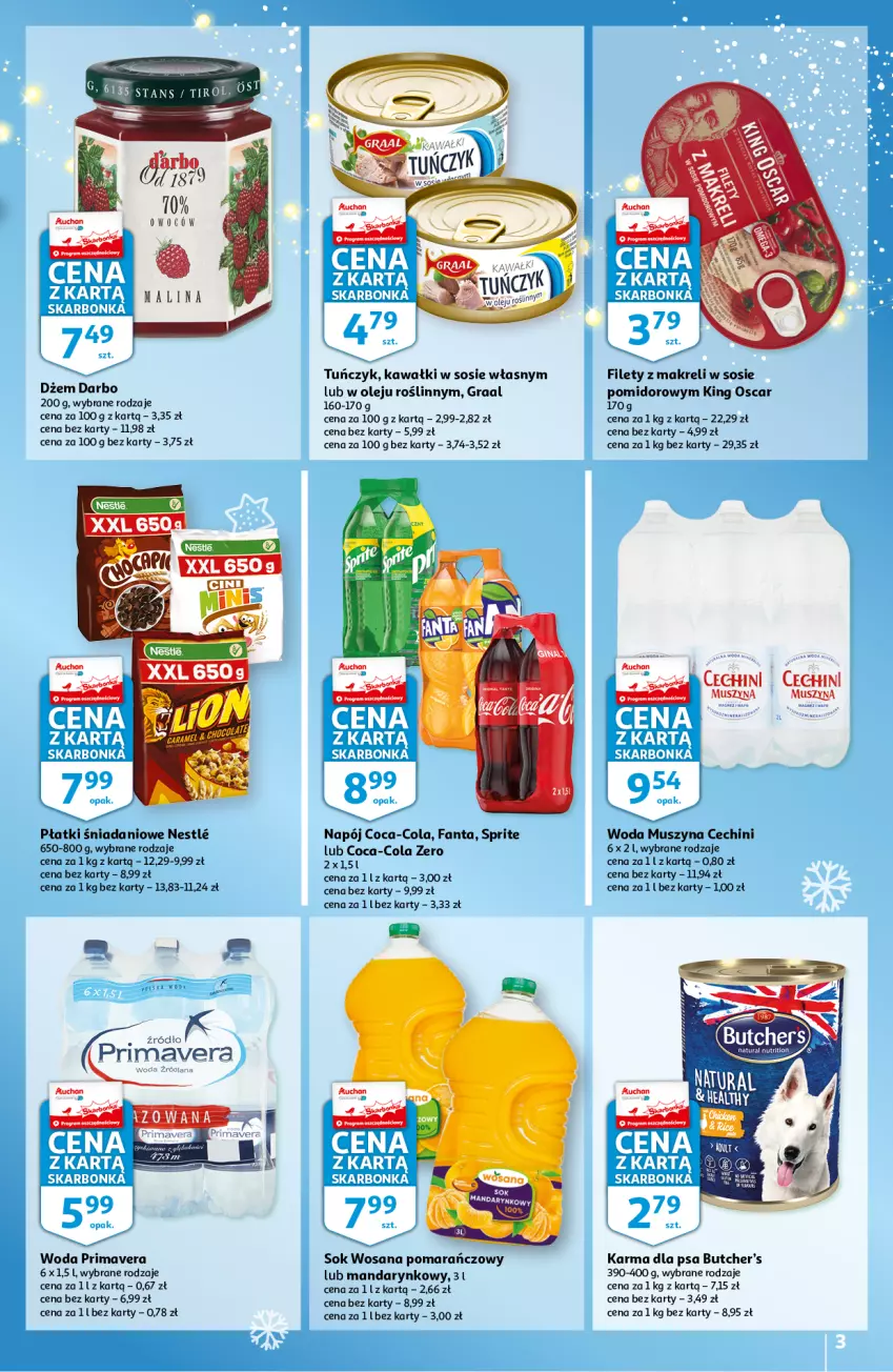 Gazetka promocyjna Auchan - Skarbonka #47 - ważna 25.11 do 01.12.2021 - strona 3 - produkty: Butcher's, Coca-Cola, Danio, Dżem, Gra, Graal, Kawa, LANA, Mus, Olej, Prima, Primavera, Sok, Sos, Szyna, Tuńczyk, Woda, Wosana