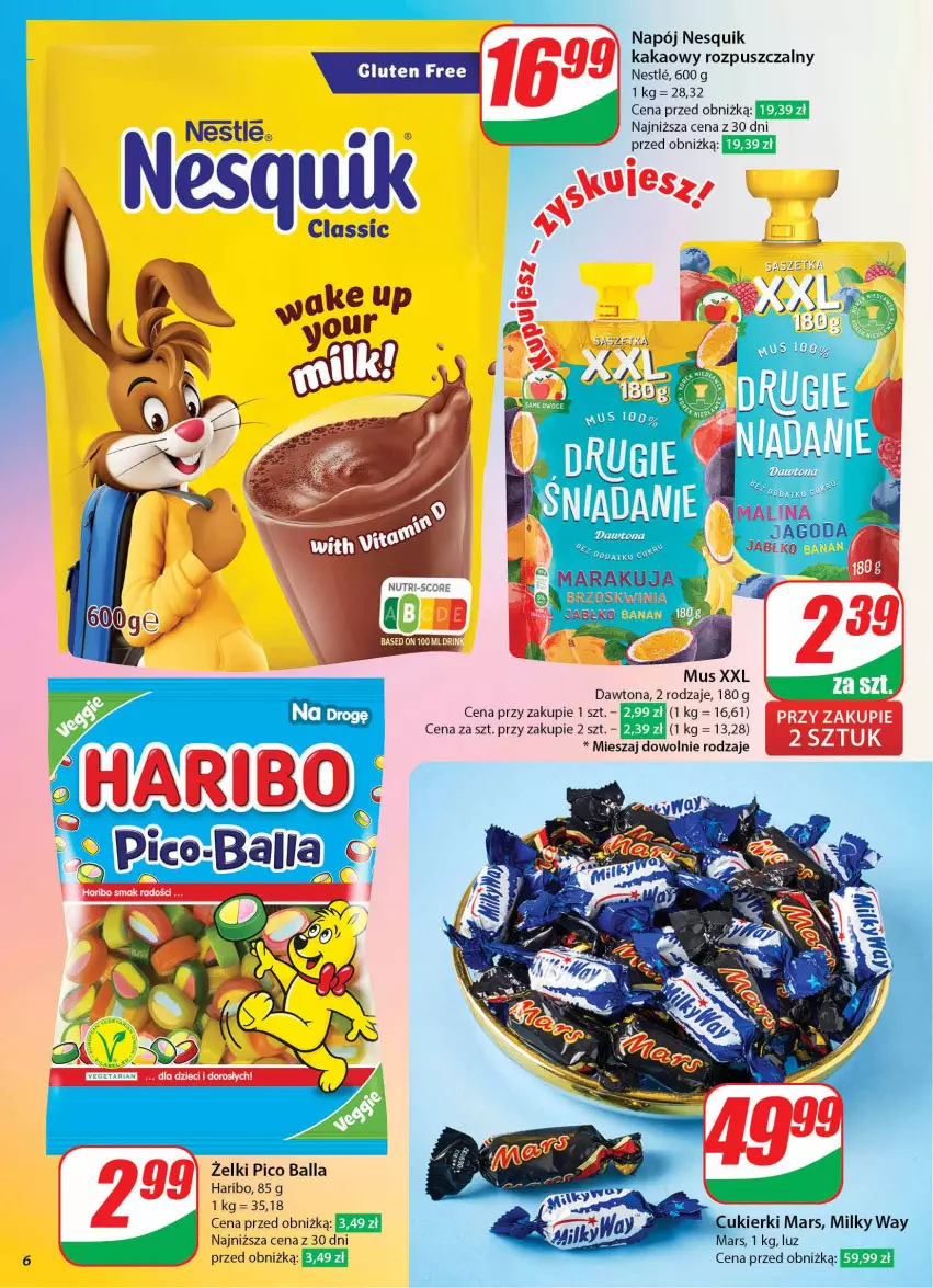 Gazetka promocyjna Dino - Gazetka 43 / 2024 - ważna 23.10 do 29.10.2024 - strona 6 - produkty: Cukier, Cukierki, Dawtona, Haribo, Kakao, Mars, Milky Way, Mus, Napój, Nesquik