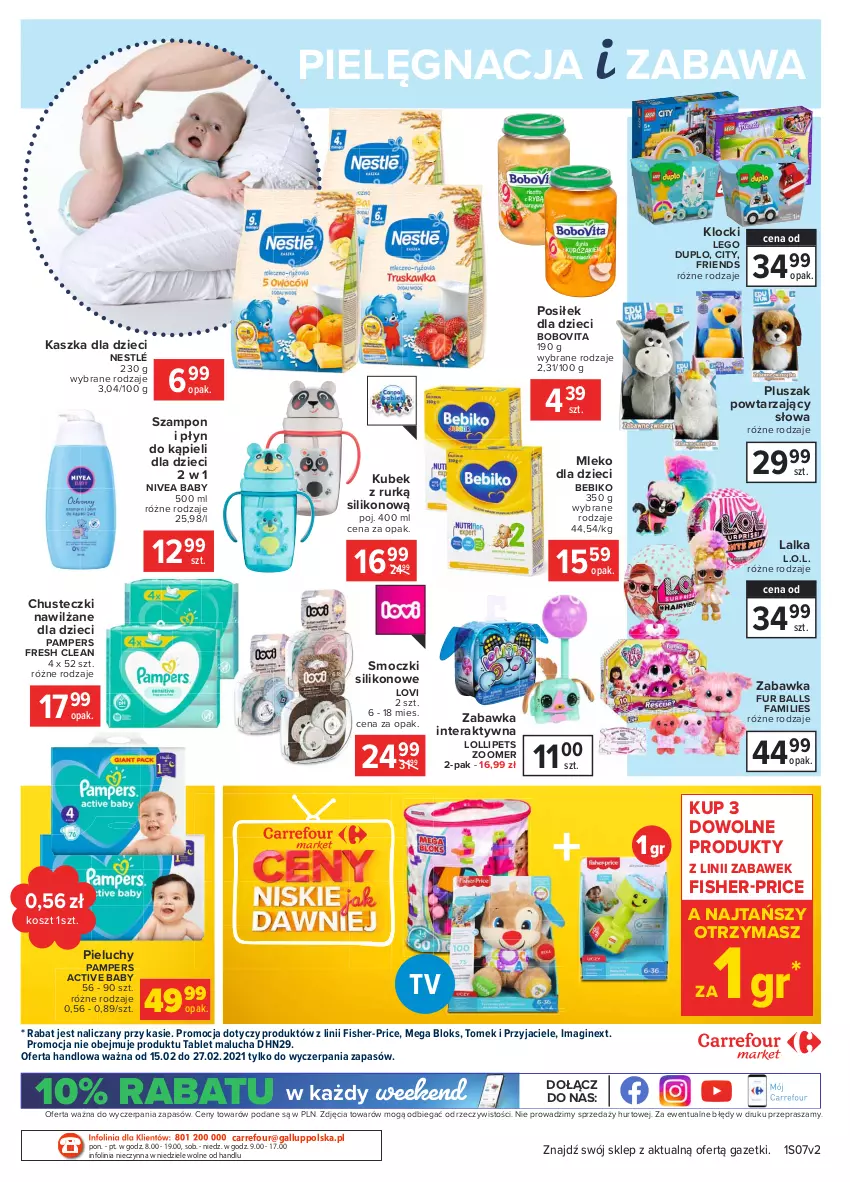 Gazetka promocyjna Carrefour - Gazetka Market - ważna 15.02 do 27.02.2021 - strona 19 - produkty: Bebiko, BoboVita, Chusteczki, Dzieci, Fa, Fisher-Price, Fur Balls, Gin, Klocki, Kosz, Kubek, L.O.L., Lalka, LEGO, LEGO Duplo, Lovi, Mega Bloks, Mleko, Mleko dla dzieci, Nestlé, Nivea, Nivea Baby, O nas, Pampers, Pieluchy, Pluszak, Płyn do kąpieli, Szampon, Tablet, Tera, Zabawka