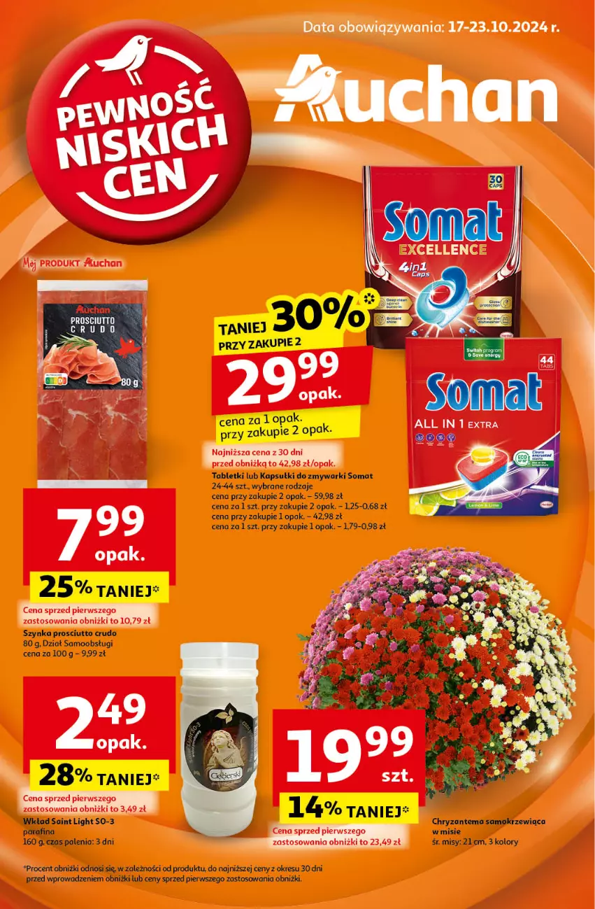 Gazetka promocyjna Auchan - Pewność Niskich Cen Hipermarket - ważna 17.10 do 23.10.2024 - strona 1 - produkty: Prosciutto, Somat, Szynka, Tablet, Zmywarki