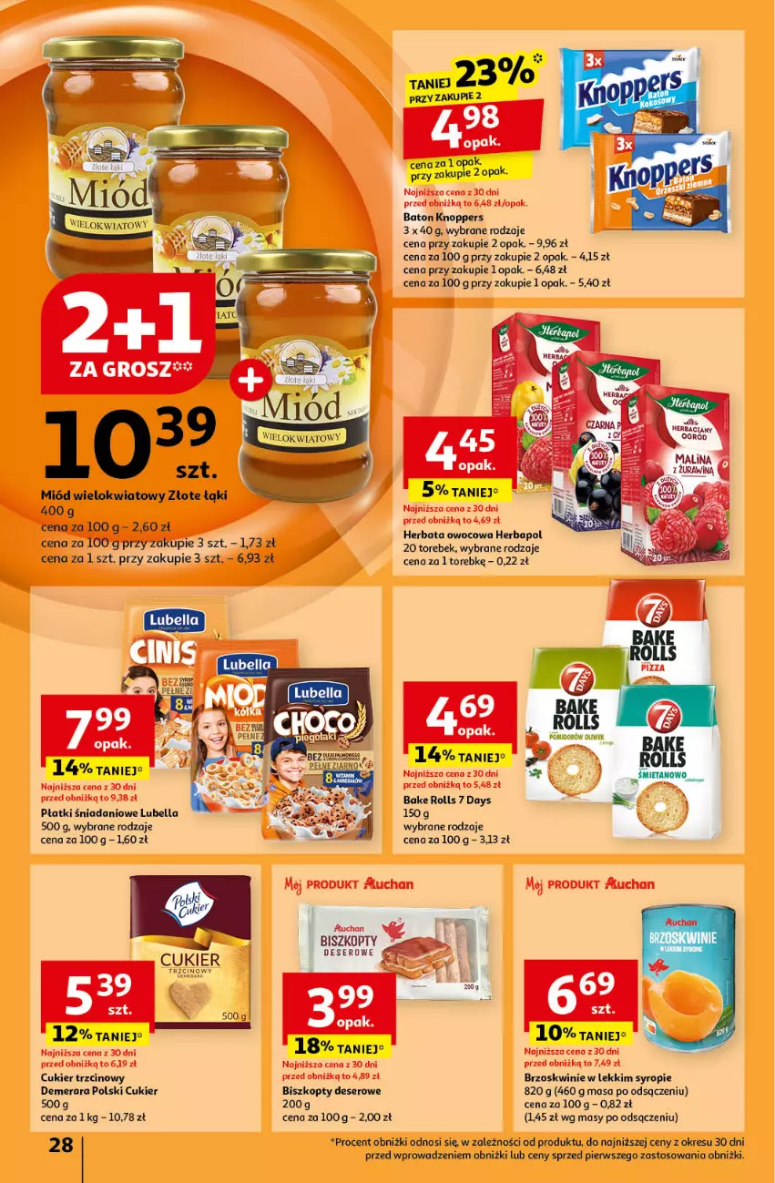 Gazetka promocyjna Auchan - Pewność Niskich Cen Hipermarket - ważna 17.10 do 23.10.2024 - strona 30 - produkty: 7 Days, Bake Rolls, Baton, Bell, Bella, Biszkopty, Brzoskwinie, Cukier, Cukier trzcinowy, Danio, Deser, Herbapol, Herbata, Herbata owocowa, Knoppers, Lubella, Miód, Ser, Syrop, Waga