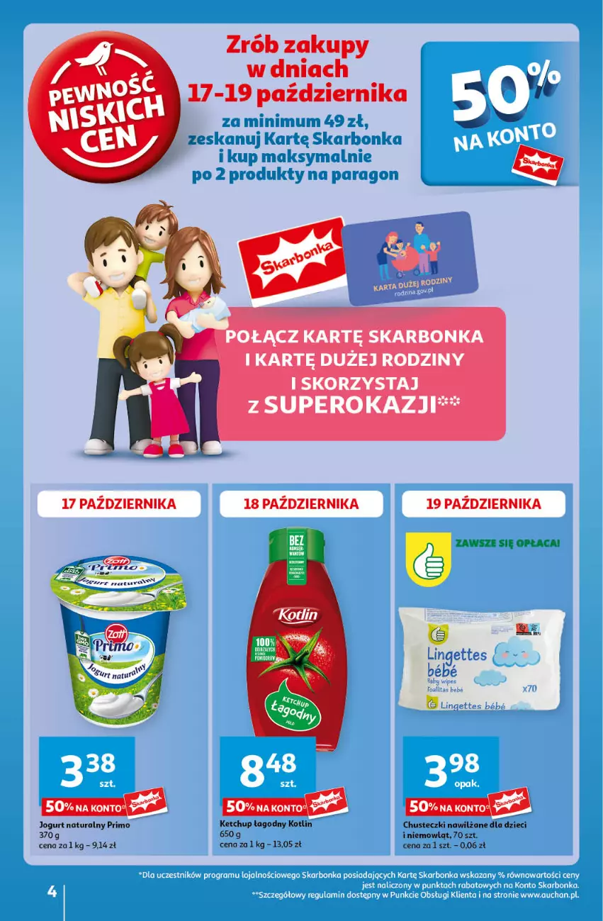 Gazetka promocyjna Auchan - Pewność Niskich Cen Hipermarket - ważna 17.10 do 23.10.2024 - strona 4 - produkty: Chusteczki, Dzieci, Jogurt, Jogurt naturalny, Ketchup, Kotlin