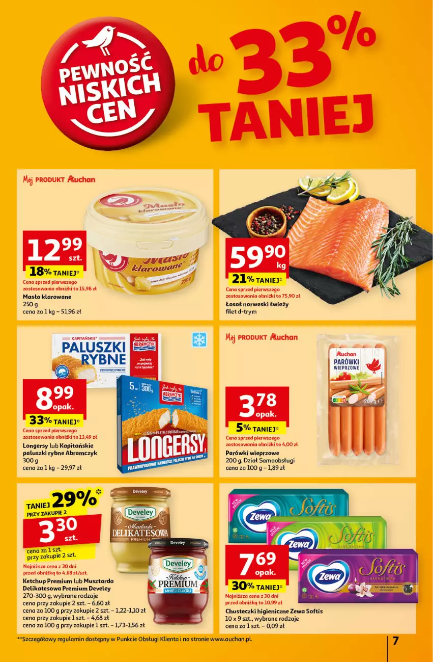 Gazetka promocyjna Auchan - Pewność Niskich Cen Hipermarket - ważna 17.10 do 23.10.2024 - strona 9 - produkty: Chusteczki, Ketchup, Masło, Masło klarowane, Mus, Musztarda, Paluszki rybne, Parówki