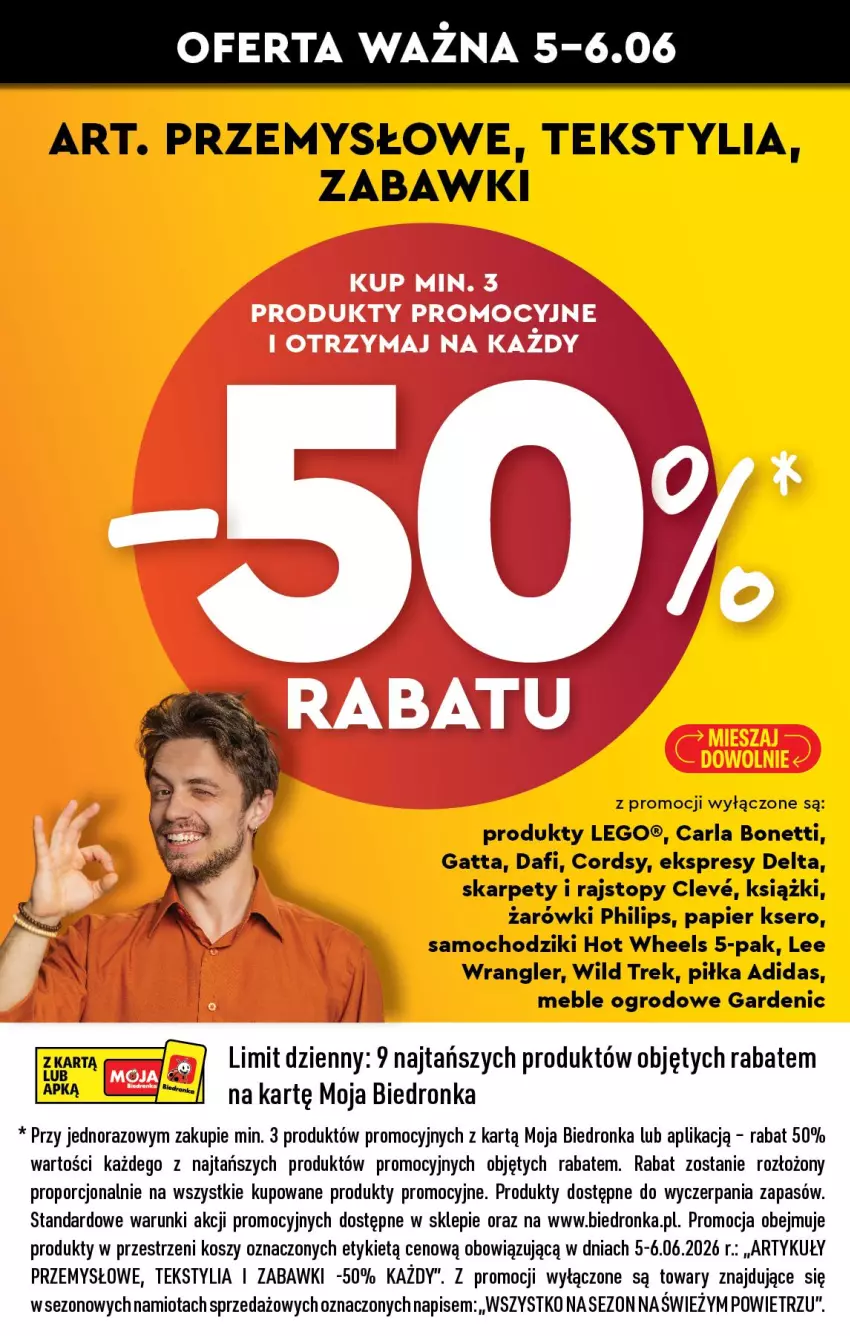 Gazetka promocyjna Biedronka - Okazje Tygodnia - ważna 06.06 do 20.06.2026 - strona 2 - produkty: Adidas, Chodzik, Gatta, Hot Wheels, Karp, Kosz, LEGO, Meble, Namiot, Papier, Philips, Por, Rajstopy, Samochodziki, Ser, Top