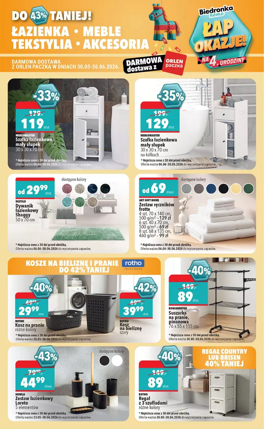 Gazetka promocyjna Biedronka - Okazje Tygodnia - ważna 06.06 do 20.06.2026 - strona 43 - produkty: Dywan, Dywanik, Kosz, Ręcznik, Słupek, Suszarka, Szafka, Szafka łazienkowa