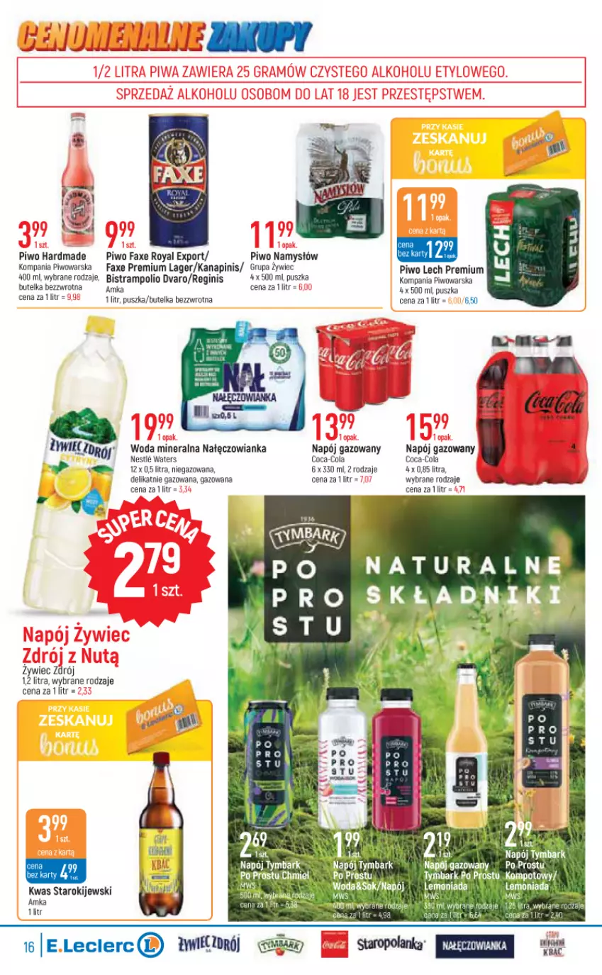 Gazetka promocyjna E Leclerc - ważna 13.09 do 24.09.2022 - strona 16 - produkty: Coca-Cola, Fa, Gin, Lech Premium, Lemoniada, Namysłów, Napój, Napój gazowany, Piwo, Por, Tymbark, Woda, Woda mineralna