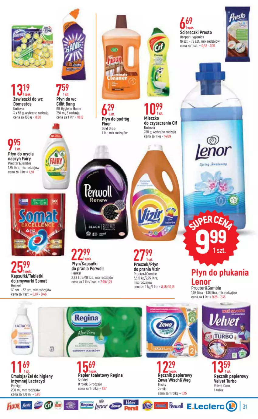 Gazetka promocyjna E Leclerc - ważna 13.09 do 24.09.2022 - strona 31 - produkty: Cif, Cillit Bang, Do mycia naczyń, Domestos, Emulsja, Fa, Fairy, Gin, Lactacyd, Mleczko, Papier, Perwoll, Płyn do mycia, Płyn do mycia naczyń, Płyn do prania, Płyn do wc, Presto, Ręcznik, Rolki, Somat, Tablet, Tera, Velvet, Zawieszki, Zmywarki