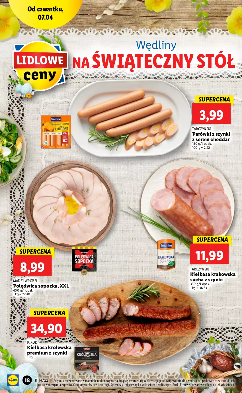 Gazetka promocyjna Lidl - GAZETKA - ważna 07.04 do 10.04.2022 - strona 18 - produkty: Cheddar, Kiełbasa, Kiełbasa krakowska, Madej Wróbel, Parówki, Parówki z szynki, PIKOK, Polędwica, Ser, Stół, Tarczyński