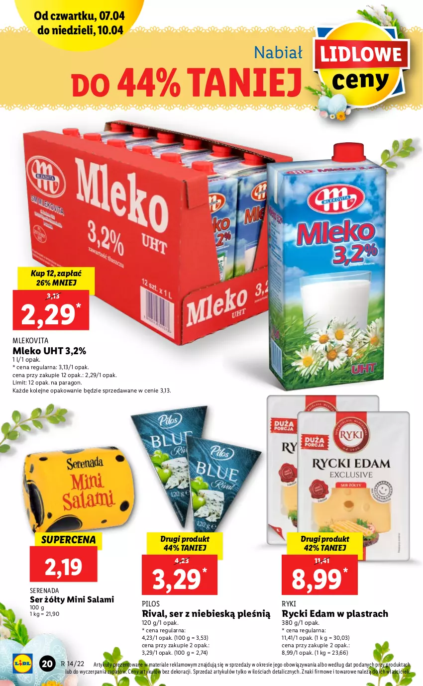 Gazetka promocyjna Lidl - GAZETKA - ważna 07.04 do 10.04.2022 - strona 20 - produkty: Edam, Mleko, Mlekovita, Olej, Pilos, Rycki Edam, Salami, Ser