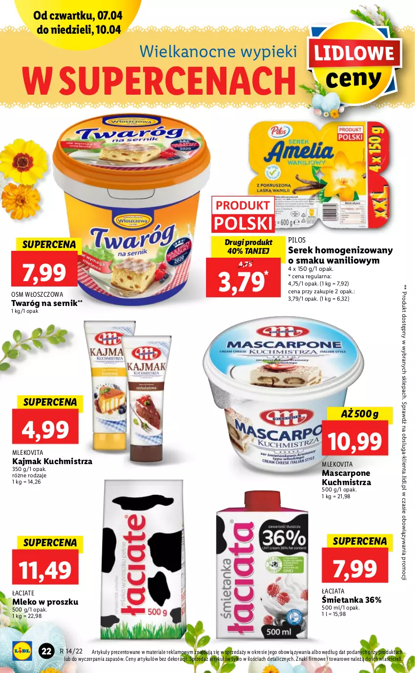 Gazetka promocyjna Lidl - GAZETKA - ważna 07.04 do 10.04.2022 - strona 22 - produkty: Mascarpone, Mleko, Mleko w proszku, Mlekovita, Pilos, Ser, Serek, Serek homogenizowany, Twaróg