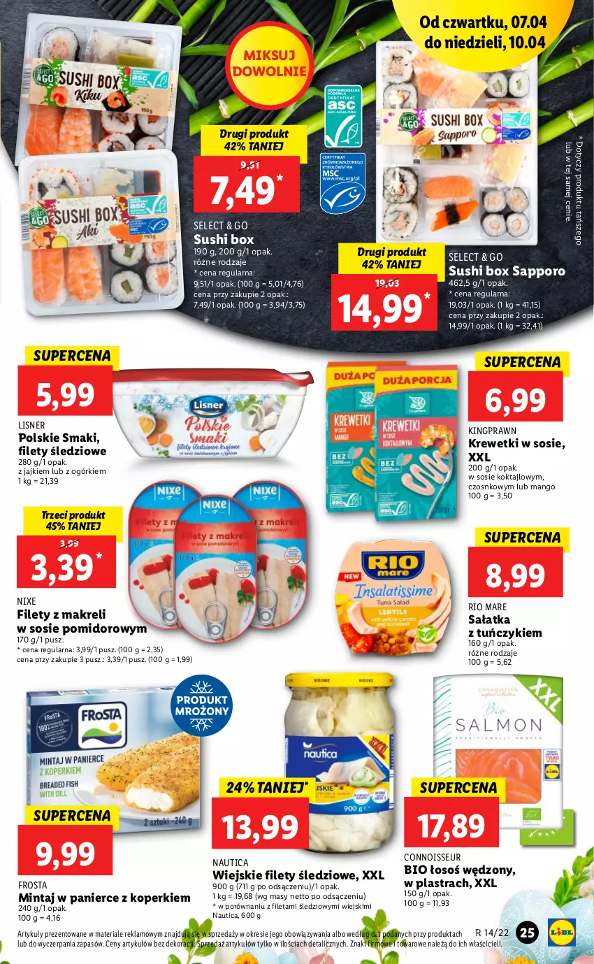 Gazetka promocyjna Lidl - GAZETKA - ważna 07.04 do 10.04.2022 - strona 25 - produkty: Frosta, Krewetki, Lisner, Mango, Mintaj, Por, Rio Mare, Sałat, Sałatka, Sos, Sushi, Tuńczyk