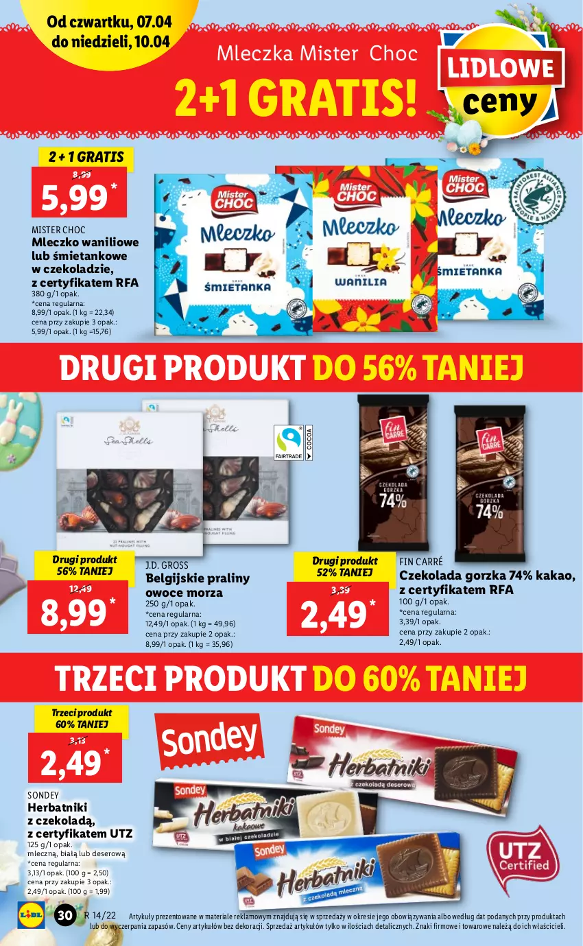 Gazetka promocyjna Lidl - GAZETKA - ważna 07.04 do 10.04.2022 - strona 30 - produkty: Czekolada, Czekolada gorzka, Deser, Fa, Gra, Herbatniki, Kakao, LG, Mleczko, Owoce, Owoce morza, Praliny, Ser