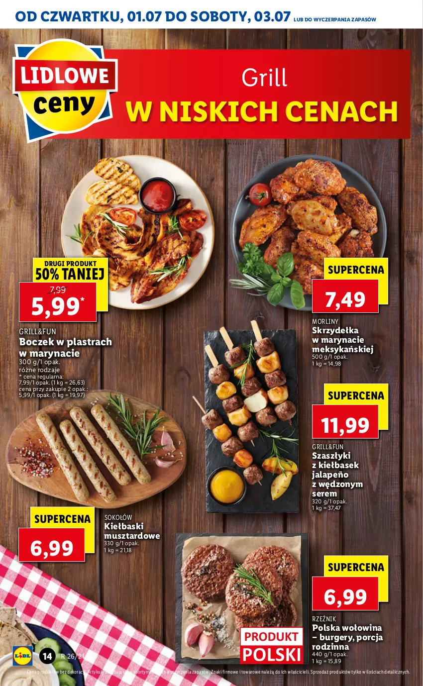 Gazetka promocyjna Lidl - GAZETKA - ważna 01.07 do 03.07.2021 - strona 14 - produkty: Boczek, Burger, Grill, Morliny, Mus, Por, Ser, Sok, Sokołów, Wołowina