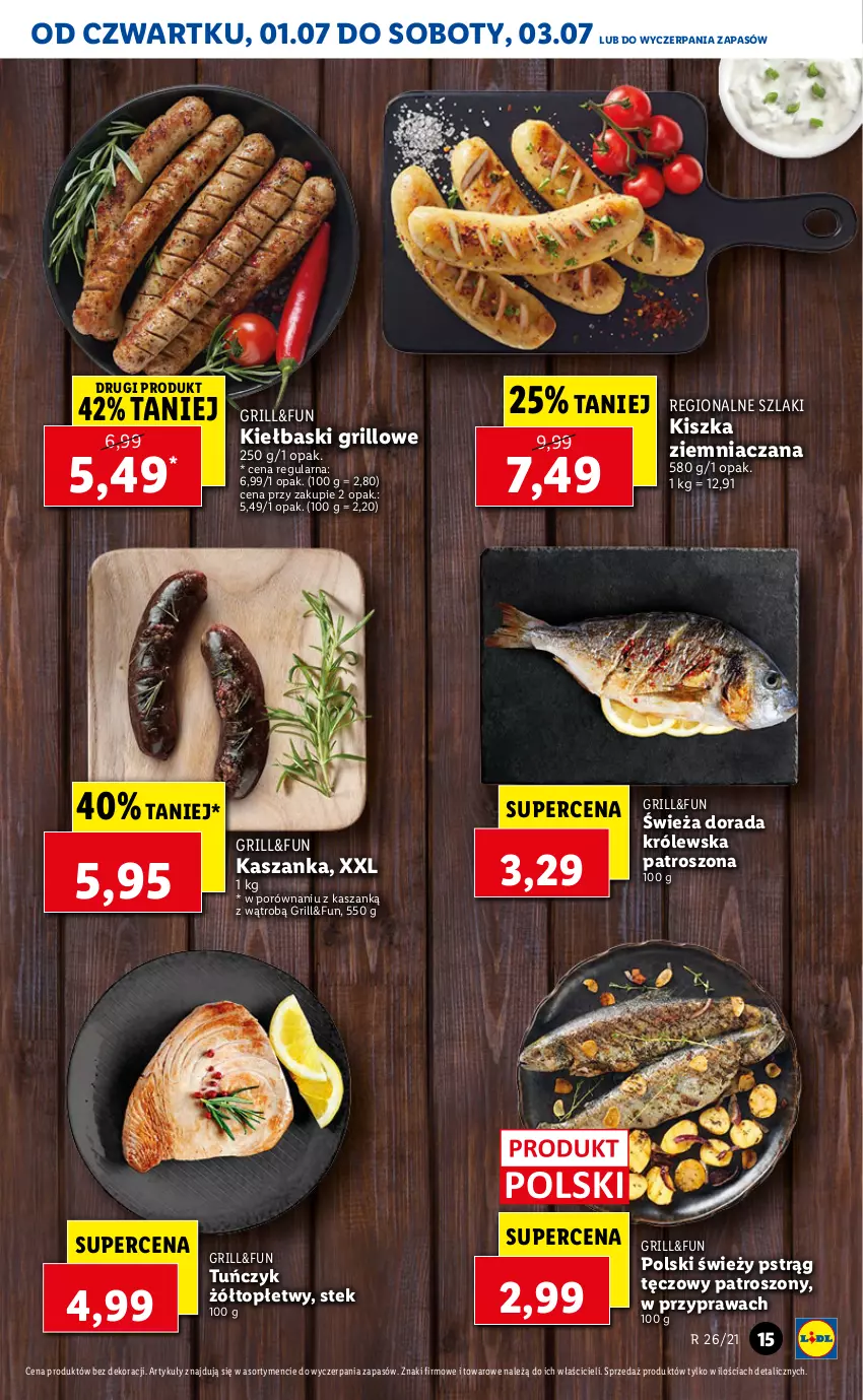 Gazetka promocyjna Lidl - GAZETKA - ważna 01.07 do 03.07.2021 - strona 15 - produkty: Grill, Kasza, Kaszanka, Por, Pstrąg, Pstrąg tęczowy, Stek, Top, Tuńczyk