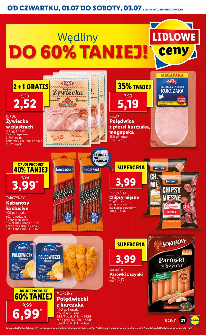 Gazetka promocyjna Lidl - GAZETKA - ważna 01.07 do 03.07.2021 - strona 21 - produkty: Chipsy, Chipsy mięsne, Gra, Kabanos, Kurczak, Morliny, Papryka, Parówki, Parówki z szynki, Piec, PIKOK, Polędwica, Polędwiczki z kurczaka, Sok, Sokołów, Tarczyński