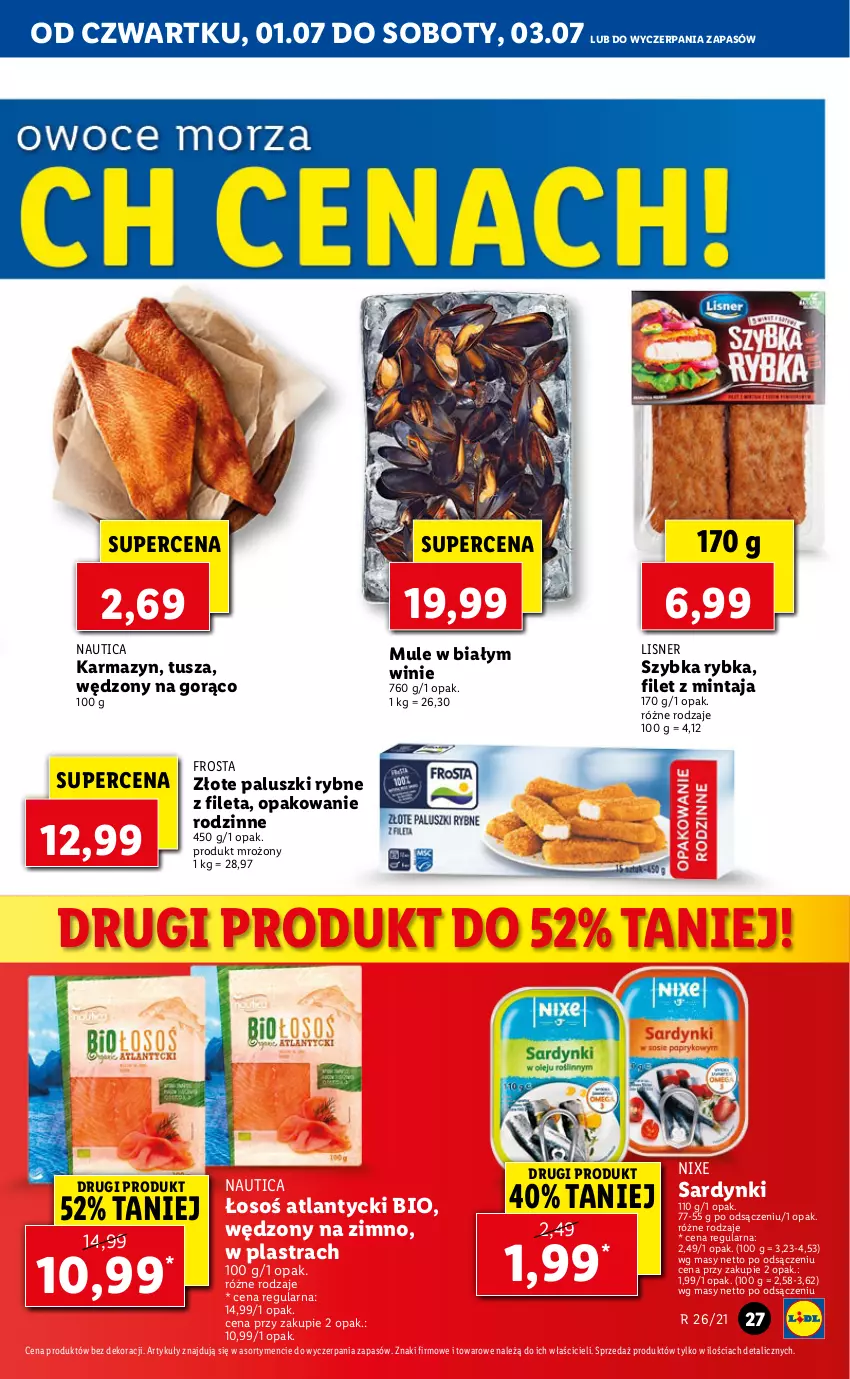 Gazetka promocyjna Lidl - GAZETKA - ważna 01.07 do 03.07.2021 - strona 27 - produkty: Filet z mintaja, Frosta, Lisner, Mintaj, Mule, Paluszki rybne, Sardynki, Tusz