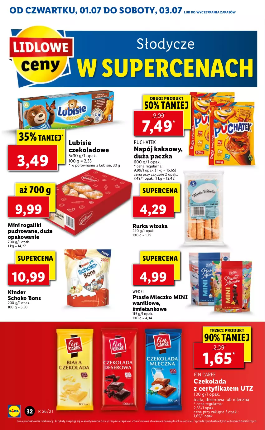 Gazetka promocyjna Lidl - GAZETKA - ważna 01.07 do 03.07.2021 - strona 32 - produkty: Czekolada, Deser, Kakao, Kinder, Lubisie, Mleczko, Napój, Por, Ptasie mleczko, Rogal, Ser