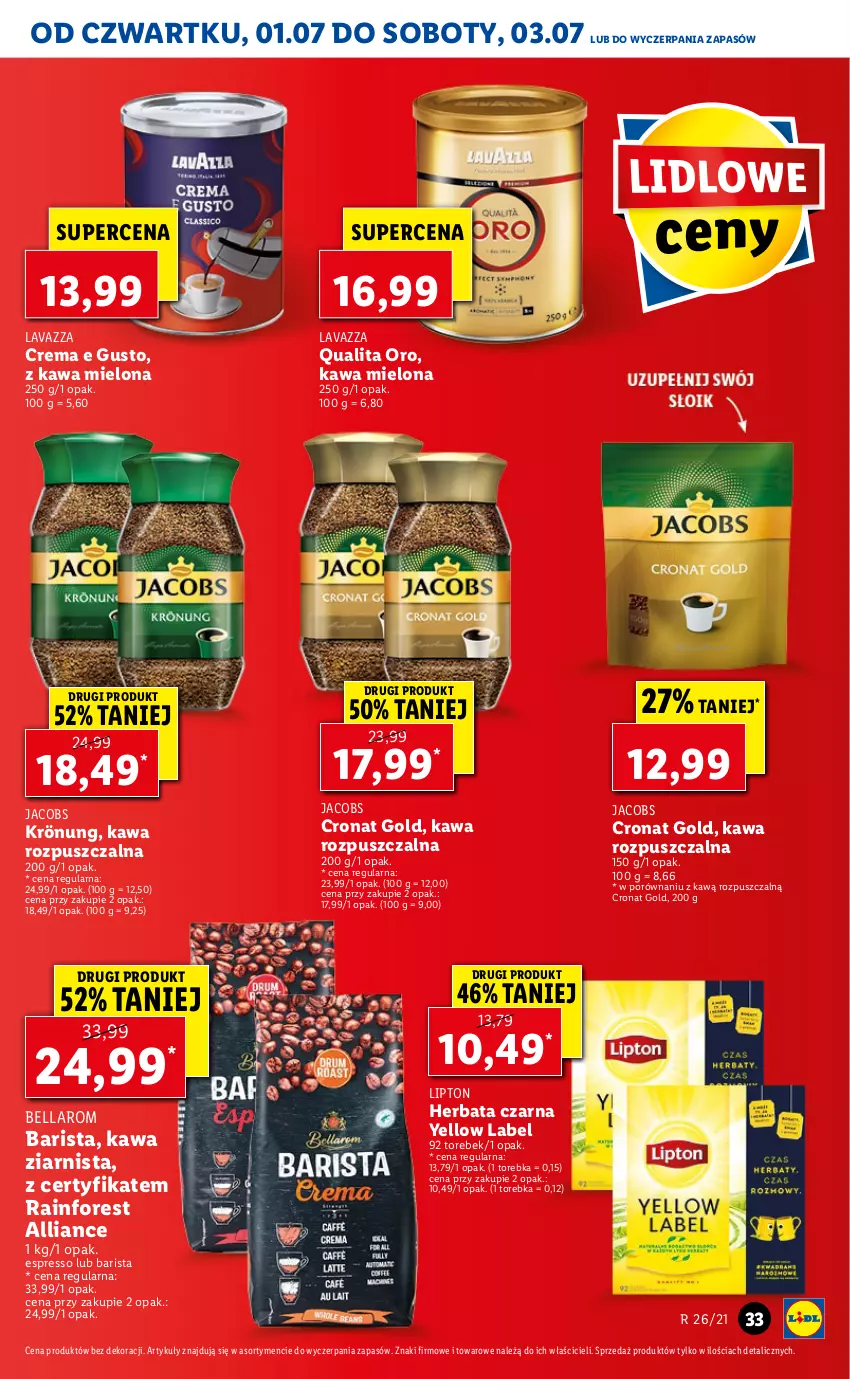 Gazetka promocyjna Lidl - GAZETKA - ważna 01.07 do 03.07.2021 - strona 33 - produkty: Bell, Bella, Herbata, Herbata czarna, Jacobs, Jacobs Krönung, Kawa, Kawa mielona, Kawa rozpuszczalna, Kawa ziarnista, Lavazza, Lipton, Por, Torebka