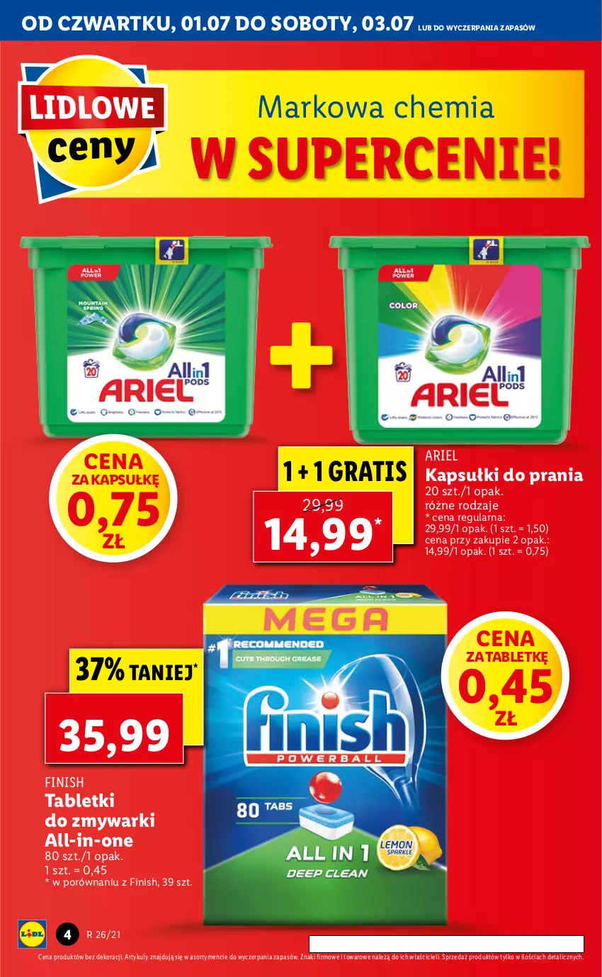 Gazetka promocyjna Lidl - GAZETKA - ważna 01.07 do 03.07.2021 - strona 4 - produkty: Ariel, Finish, Gra, Kapsułki do prania, Por, Tablet, Tabletki do zmywarki, Zmywarki