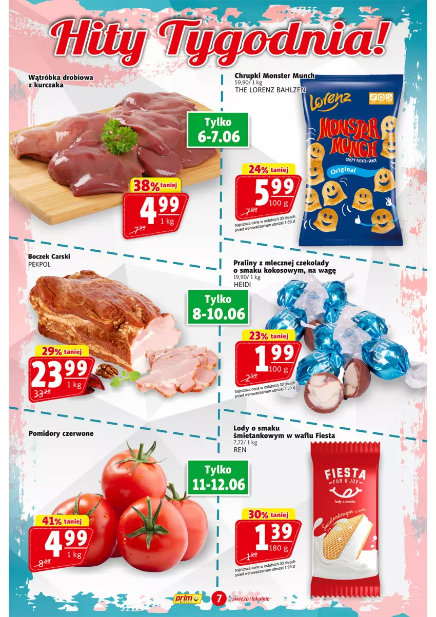 Gazetka promocyjna Prim Market - ważna 06.06 do 12.06.2024 - strona 7 - produkty: Boczek, Cars, Gin, Kokos, Kurczak, Lody, Pekpol, Pomidory, Praliny