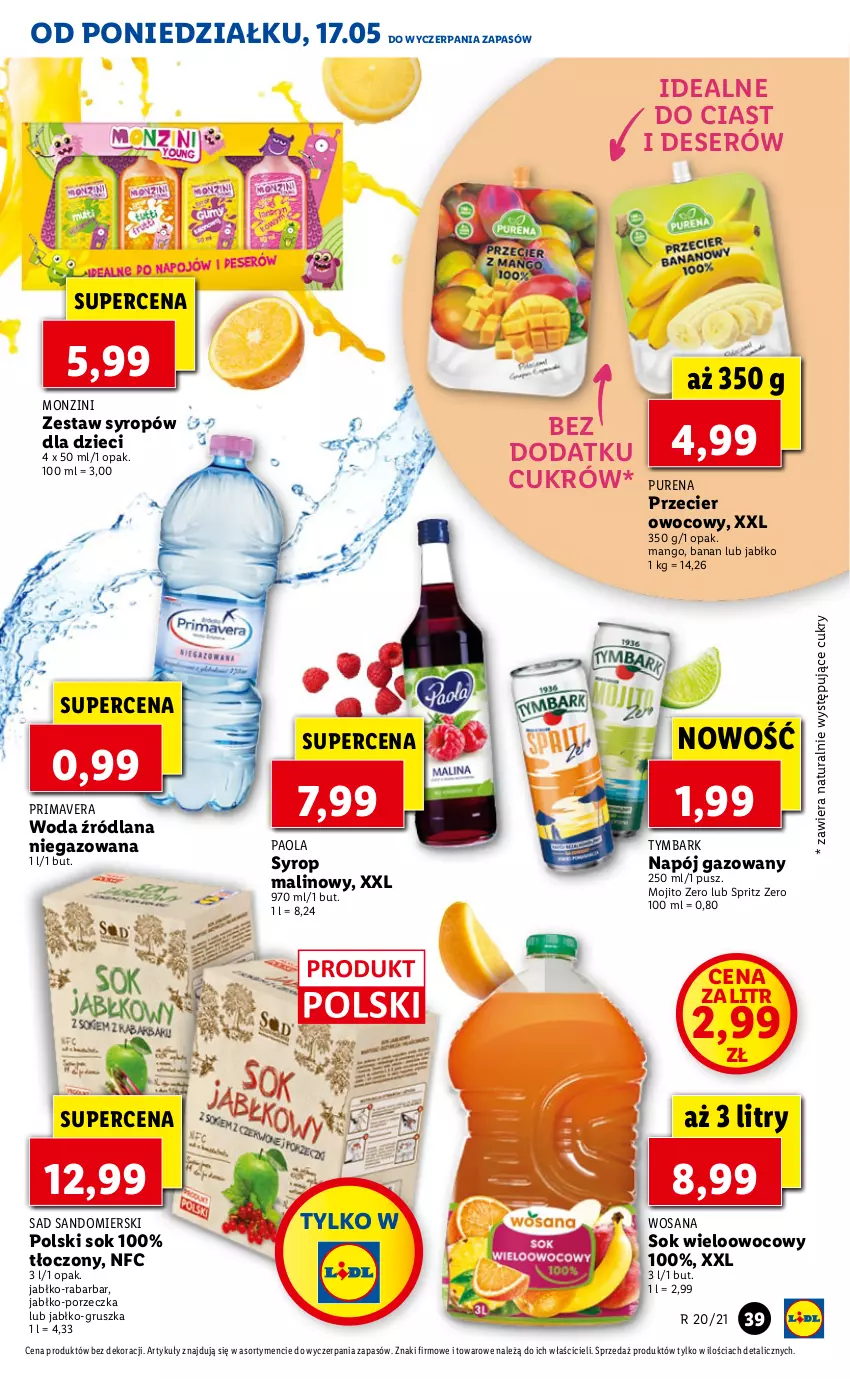 Gazetka promocyjna Lidl - GAZETKA - ważna 17.05 do 19.05.2021 - strona 39 - produkty: Deser, Dzieci, LANA, Mango, Napój, Napój gazowany, Paola, Por, Prima, Primavera, Pur, Ser, Sok, Syrop, Tymbark, Woda, Wosana