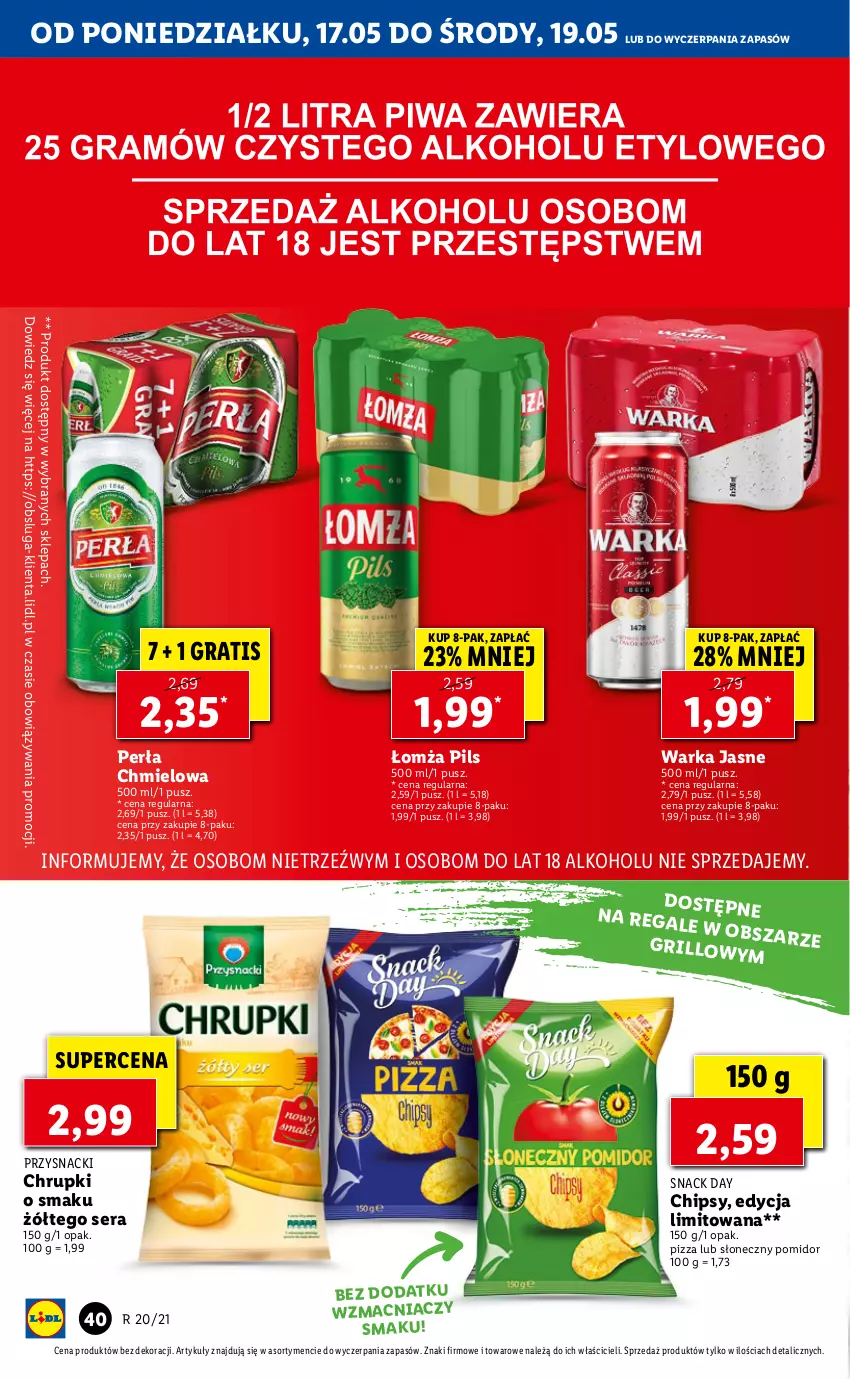 Gazetka promocyjna Lidl - GAZETKA - ważna 17.05 do 19.05.2021 - strona 40 - produkty: Chipsy, Chrupki, Gra, Grill, Perła, Pizza, Przysnacki, Ser, Warka