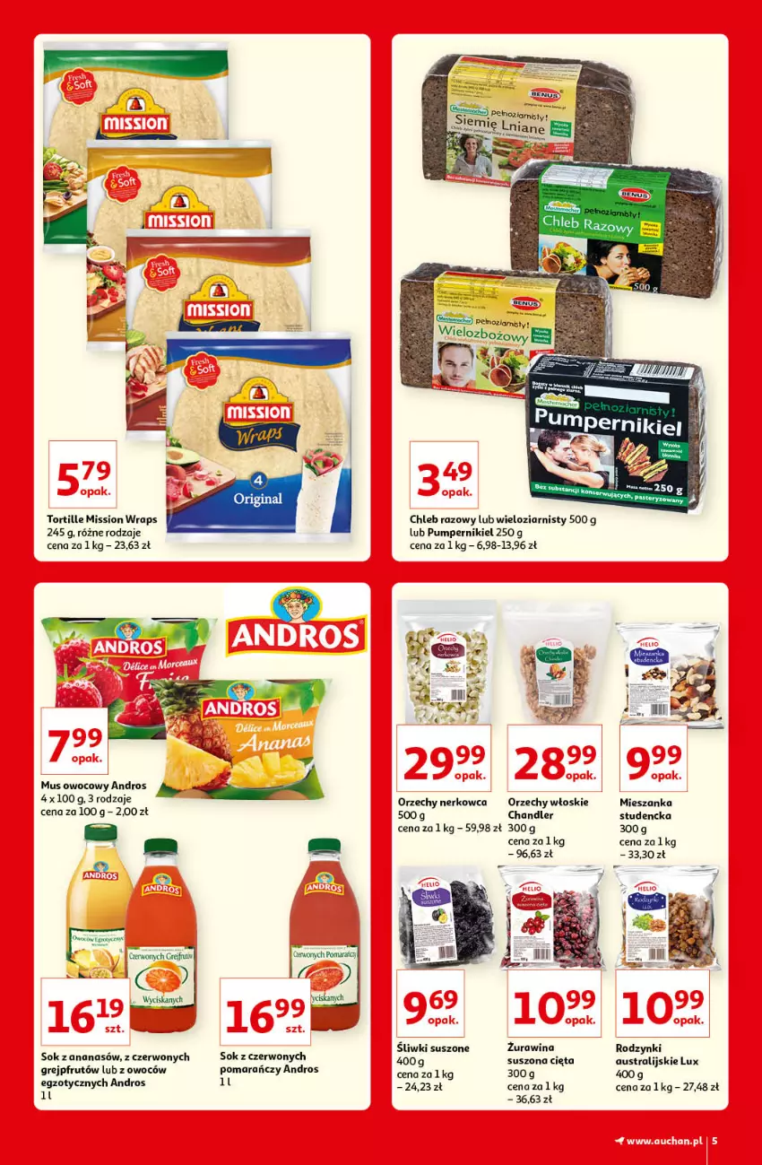 Gazetka promocyjna Auchan - Kultowe marki Hipermarkety - ważna 08.04 do 14.04.2021 - strona 5 - produkty: Ananas, Chleb, Grejpfrut, Mus, Orzechy włoskie, Rodzynki, Sok