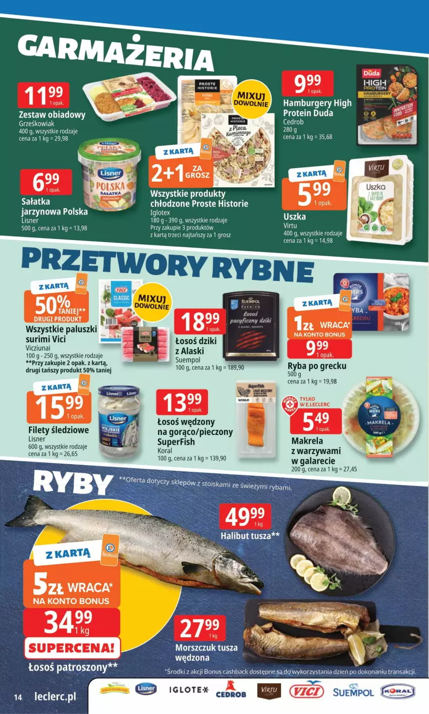 Gazetka promocyjna E Leclerc - ważna 08.09 do 15.09.2025 - strona 14 - produkty: Burger, Duda, Fa, Gala, Hamburger, Lisner, Piec, Sałat, Sałatka, Surimi, Tusz, Warzywa