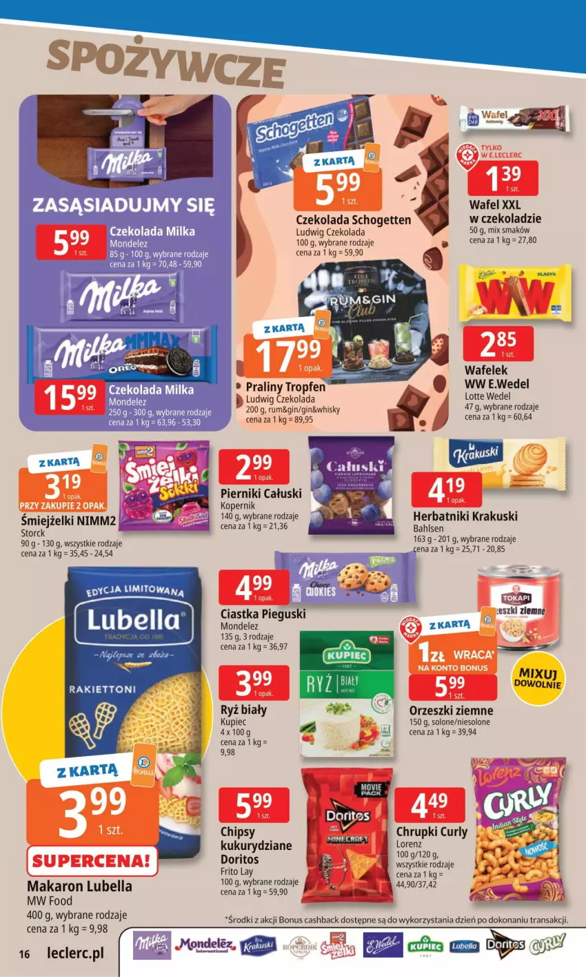 Gazetka promocyjna E Leclerc - ważna 08.09 do 15.09.2025 - strona 16 - produkty: Bell, Bella, Chipsy, Chrupki, Ciastka, Czekolada, Gin, Krakus, Krakuski, Lubella, Makaron, Nimm2, Orzeszki, Orzeszki ziemne, Piernik, Praliny, Rum, Schogetten, Wafelek, Whisky