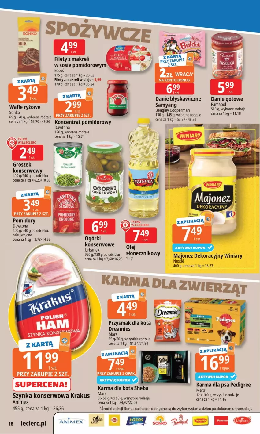 Gazetka promocyjna E Leclerc - ważna 08.09 do 15.09.2025 - strona 18 - produkty: Danie gotowe, Dawtona, Groszek, Koncentrat pomidorowy, Mars, Olej, Pedigree, Pomidory, Przysmak dla kota, Ryż, Ser, Sheba, Sonko, Sos, Szynka, Szynka konserwowa, Tran, Winiary