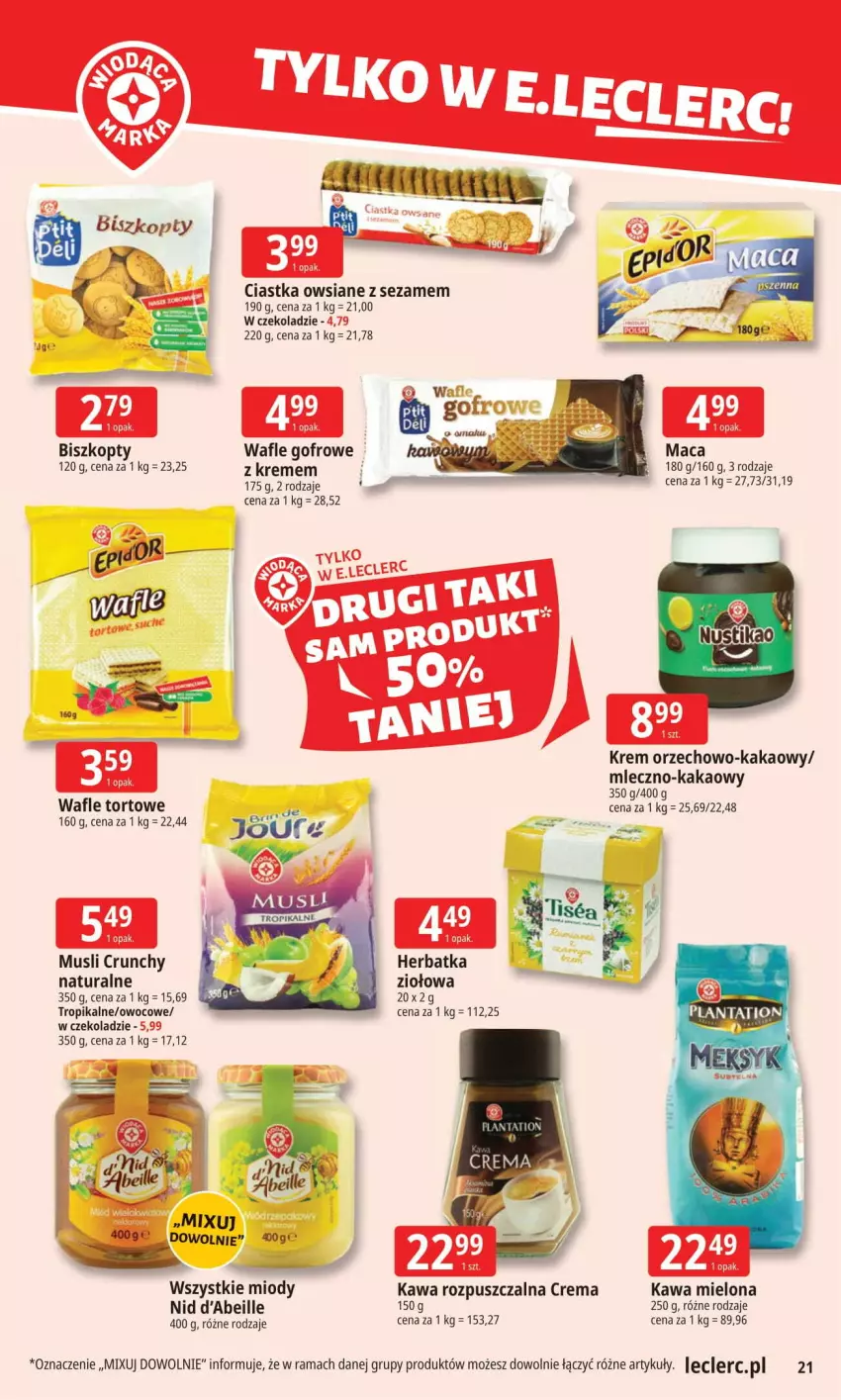 Gazetka promocyjna E Leclerc - ważna 08.09 do 15.09.2025 - strona 21 - produkty: Ciastka, Ciastka owsiane, Kakao, Kawa, Kawa mielona, Kawa rozpuszczalna, Mus, Rama, Sezam, Wafle, Wafle tortowe